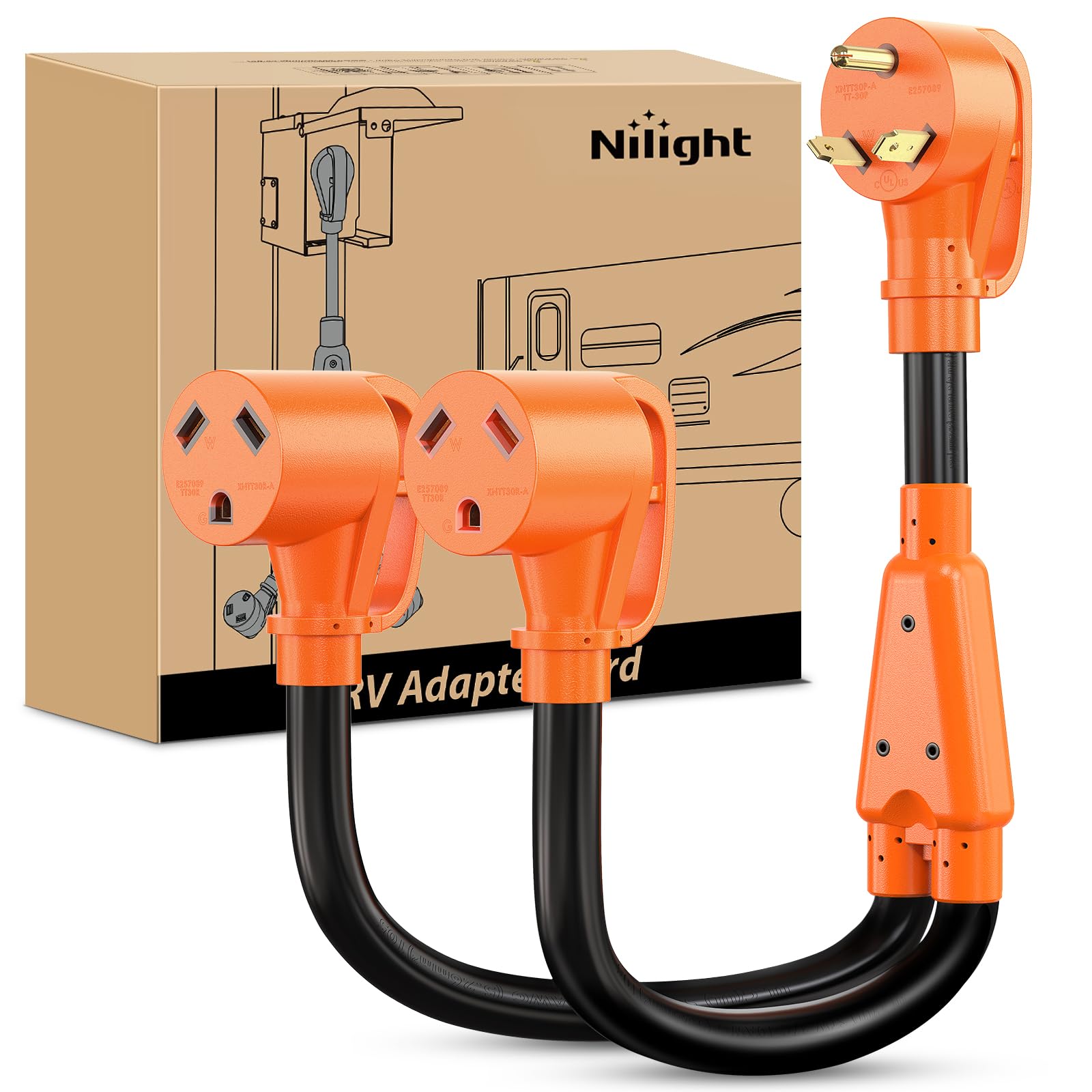 Nilight 30 Amp Rv Y Splitter Adapter Cord 30A Male Plug To Two 30A Female Receptacle Nema Tt-30P Tt-30R Pure Copper Heavy Duty H