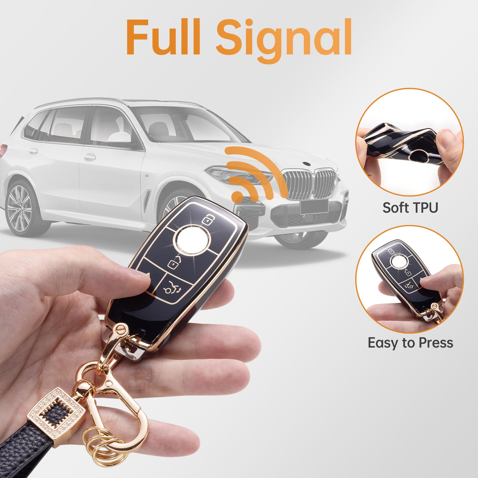 CACARLIKE - Benz Key Fob Cover, Leather Lanyard with Smart Key Protection, Compatible with A, C, G, E & S Class 2017-2021