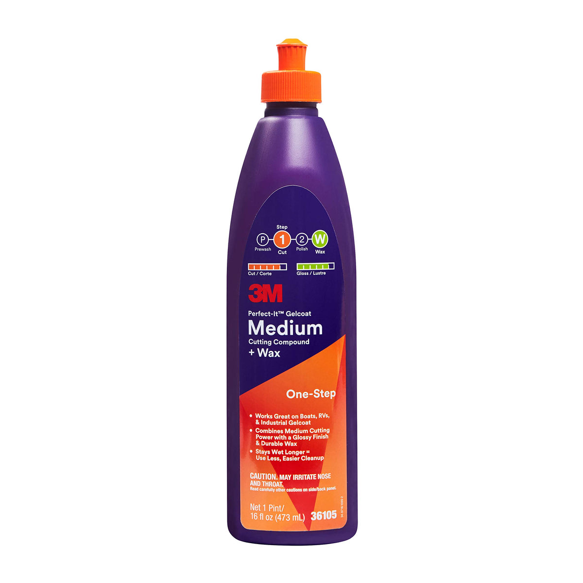 3M Perfect-It Gelcoat Medium Cutting Compound + Wax, 36105, 1 Pint, One-Step Process, P1500 And Finer Scratches, Fiberglass Oxid