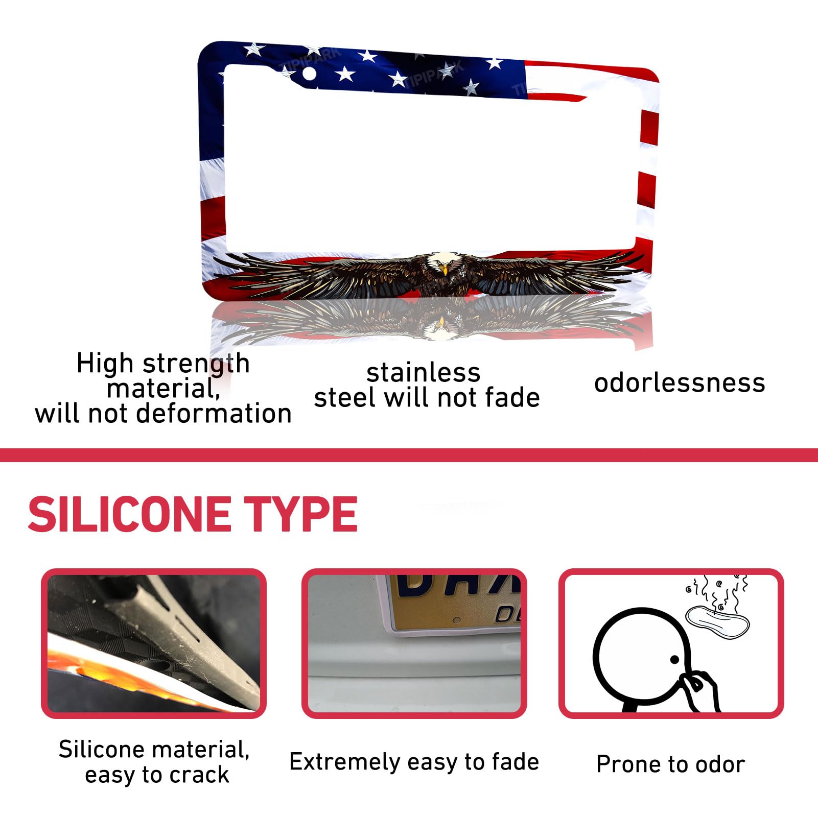 TIPIPARK American Flag Eagle License Plate Frame - 2 Packs, Universal Stainless Steel, Rustproof, AFE Color for Cars