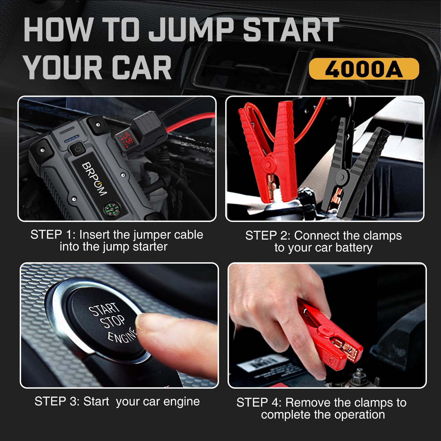 BRPOM Car Jump Starter 5000A Peak, 23800mAh, 12V Auto Booster for Gas & Diesel Engines - Quick Charger & Smart Jump Cables
