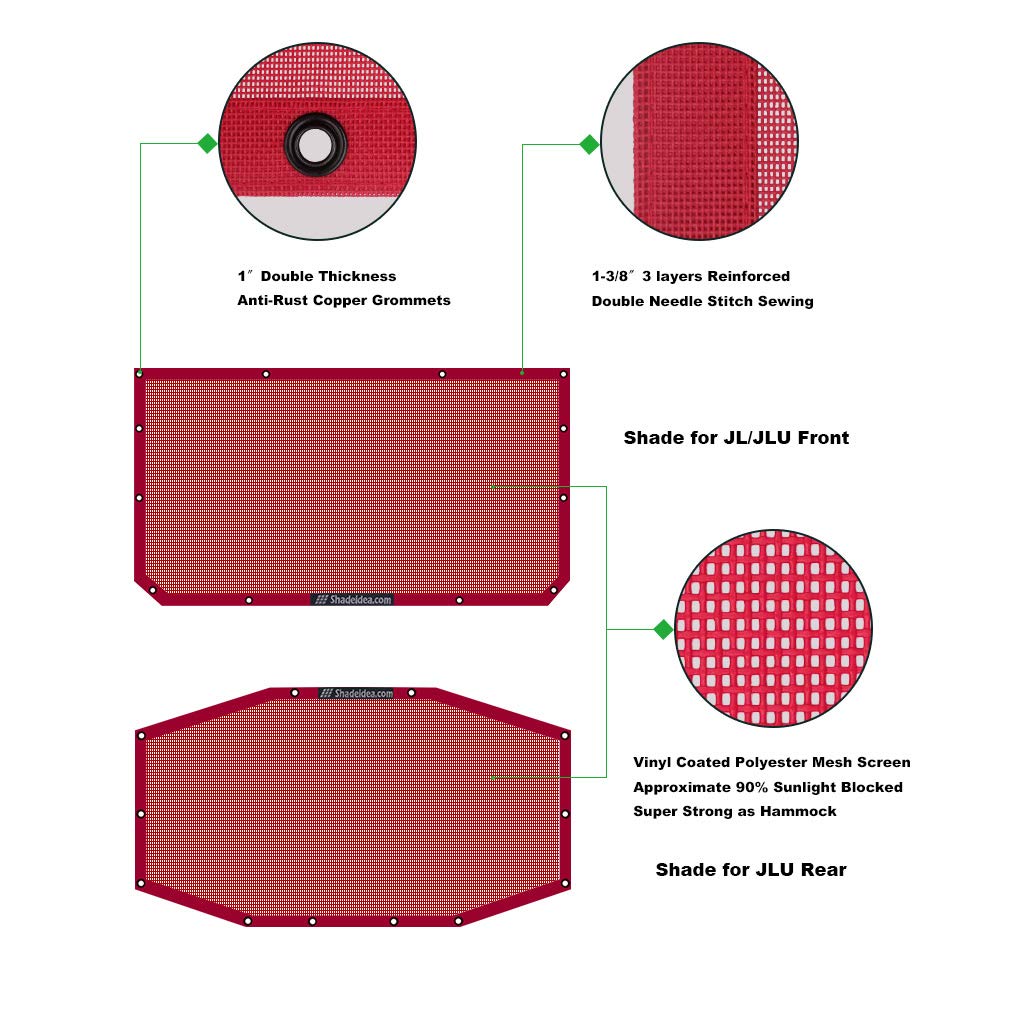 Shadeidea Sun Shade Top For Jeep Wrangler Sunshade Jl Unlimited (2018-2023) 4 Door Front And Rear 2 Piece-Cherry Red Mesh Screen