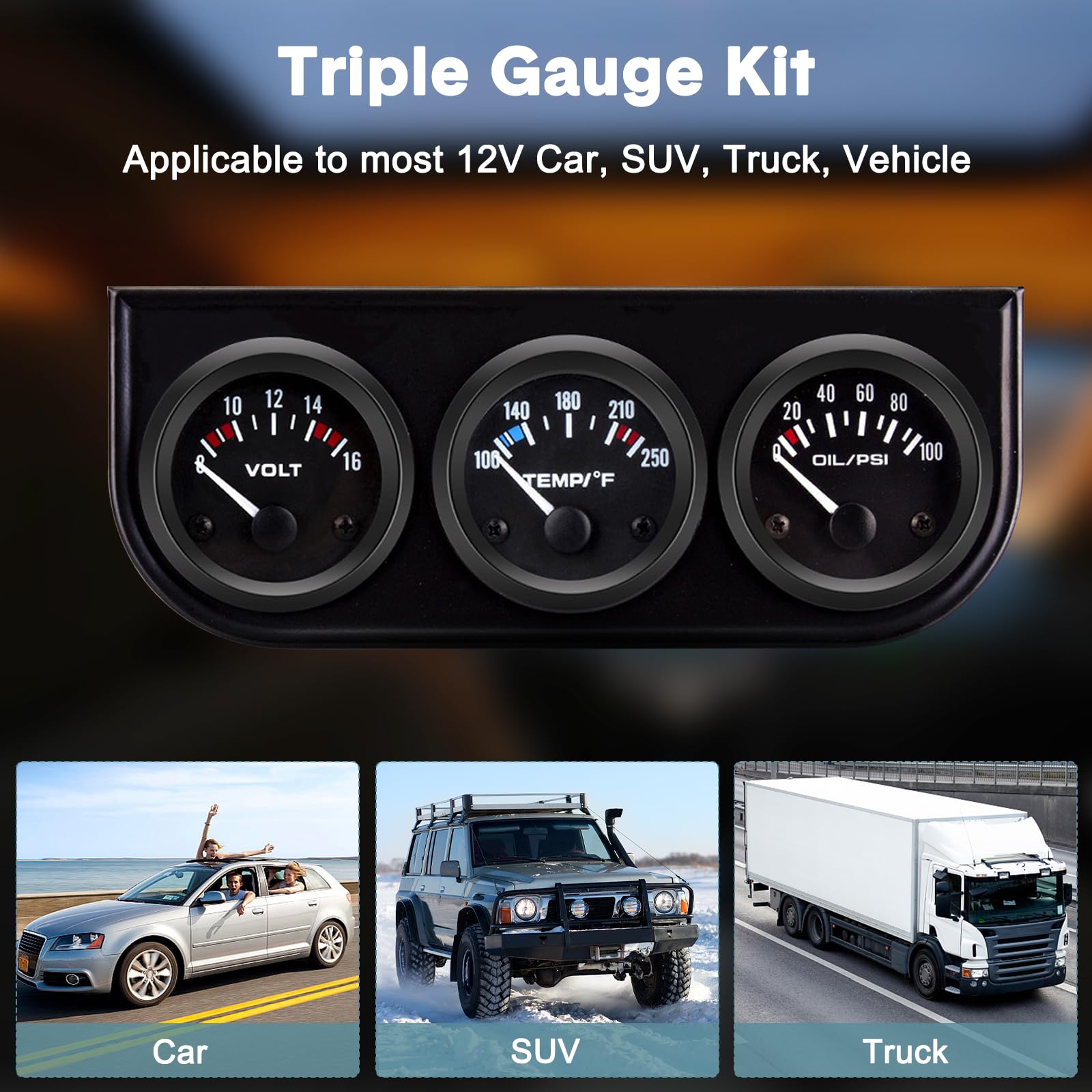 BREADEEP 52mm 3 in 1 Car Auto Gauge Kit (Volt Meter+Water Temp+Oil Pressure Meter) Stainless Steel Triple Auto Dashboard Gauge S