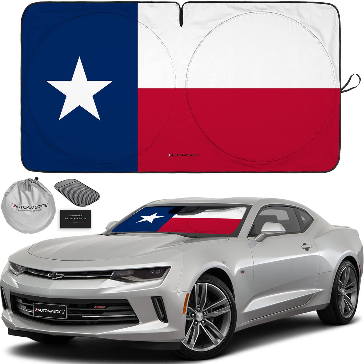Autoamerics 1-Piece Windshield Sun Shade American Texas Flag Usa Patriotic Design - Foldable Car Front Window Sunshade For Sedan