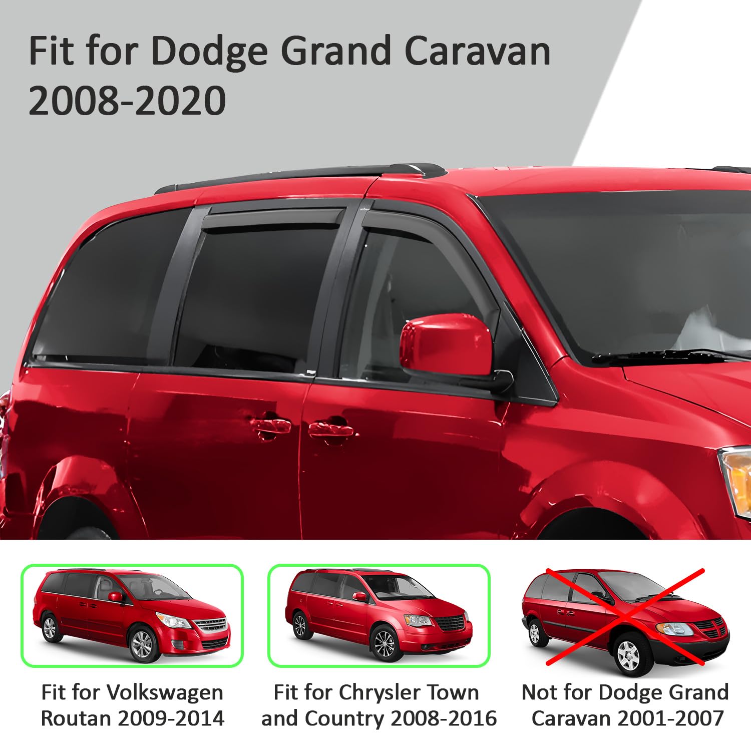Voron Glass In-Channel Extra Durable Rain Guards For Dodge Grand Caravan 2008-2020, Window Deflectors, Vent Window Visors, 4 Pie