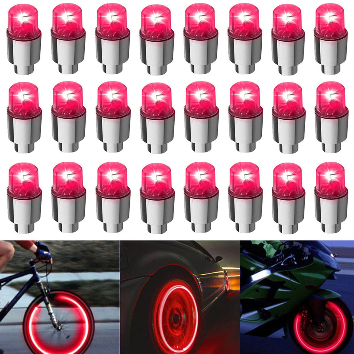 FICBOX 24 PCS LED Wheel Lights Flash Light Tire Valve Cap Lamp for Car Trucks Motorcycle Bike (Red)