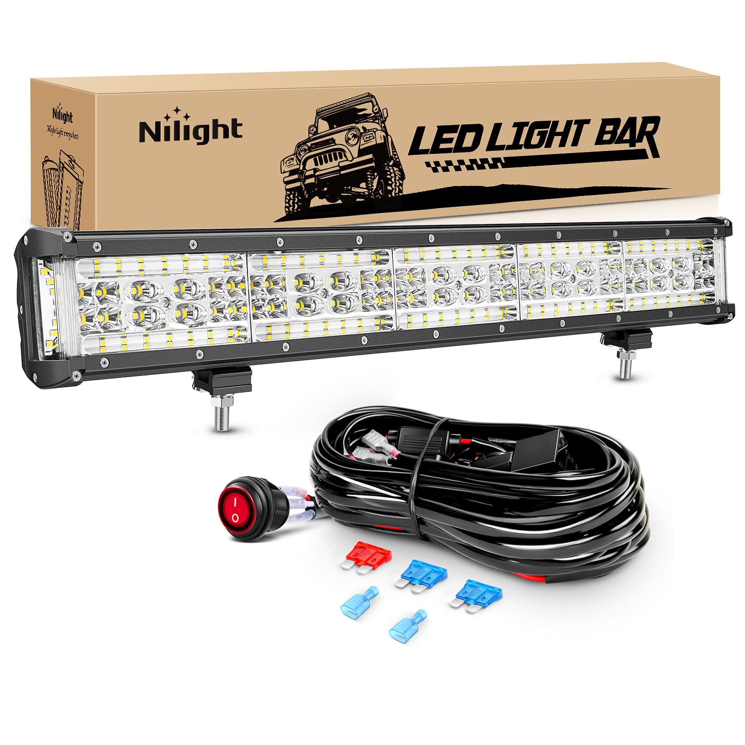 Nilight 22 Inch Side Shooter Led Light Bar Quadruple Row Spot Flood Combo Lights W/Wiring Kit For Fog Driving Work Lighting On T