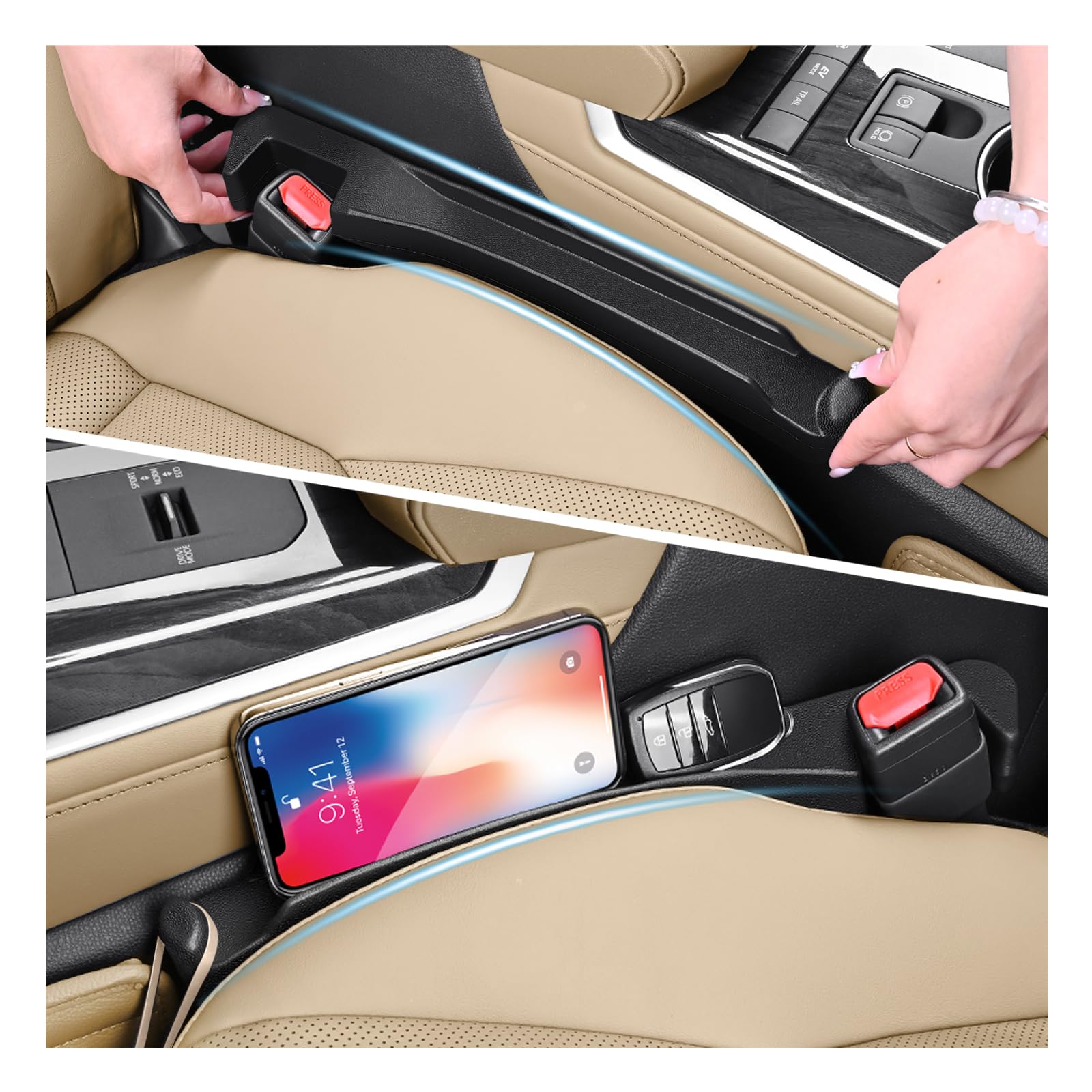 2PCS Car Seat Gap Filler Organizer with Side Hooks + Grooves,3 in 1 Car Seat Side Gap Filler for Filling Crevices and Storing It