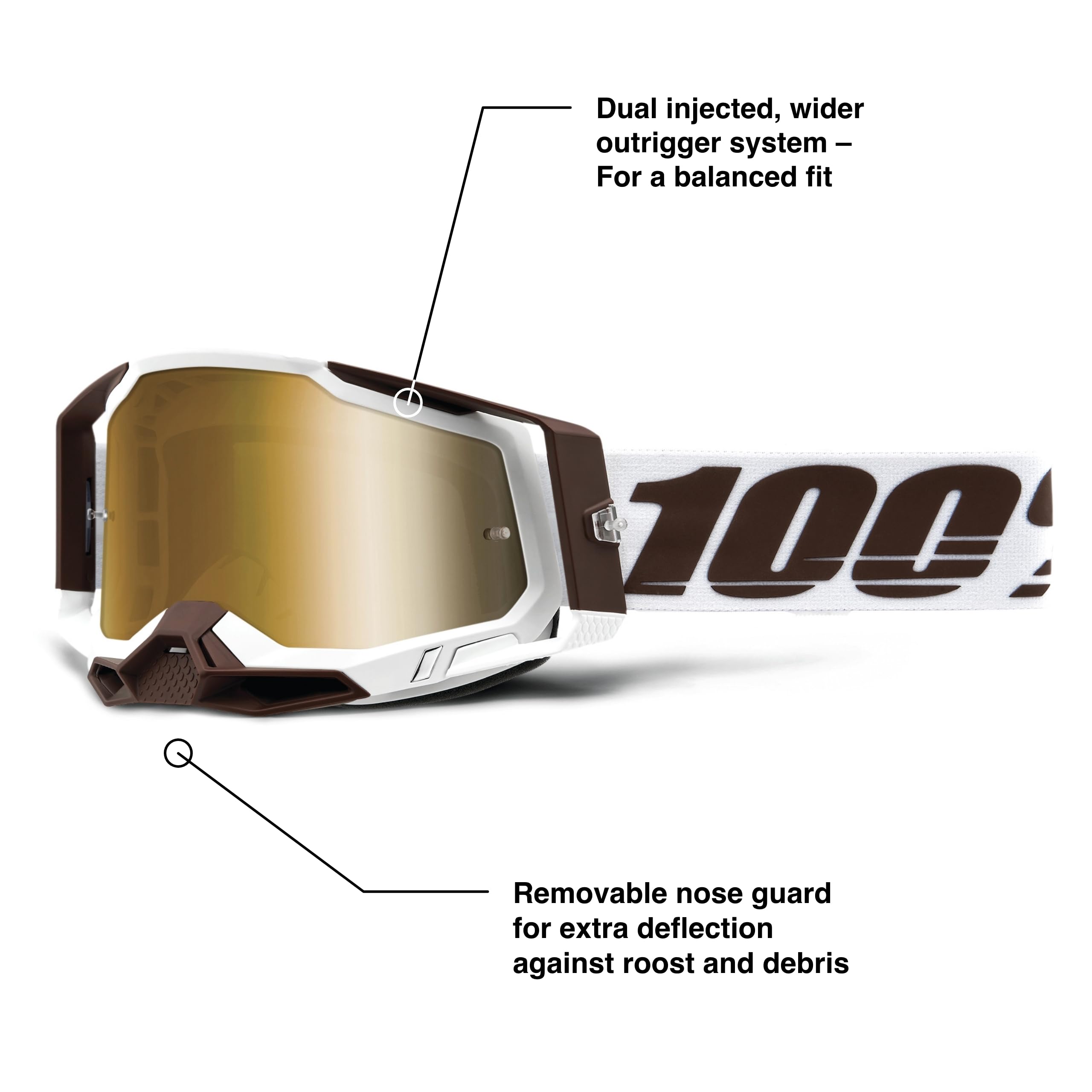 100% Racecraft 2 Mountain Bike & Motocross Goggles - Mx And Mtb Racing Protective Eyewear (Snowbird - Mirror True Gold Lens)