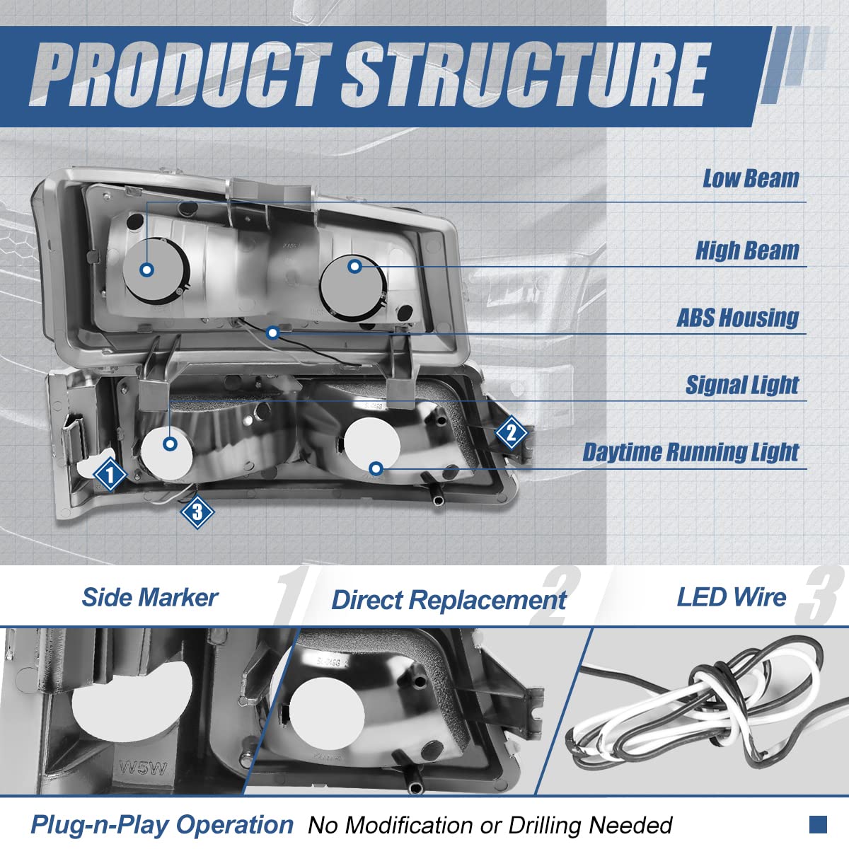 Auto Dynasty 4Pcs Led Drl Bumper Headlight Lamps Compatible With Chevy Silverado Avalanche 1500 2500 3500 03-07, Driver And Passenger Side, Smoked Lens Clear Corner
