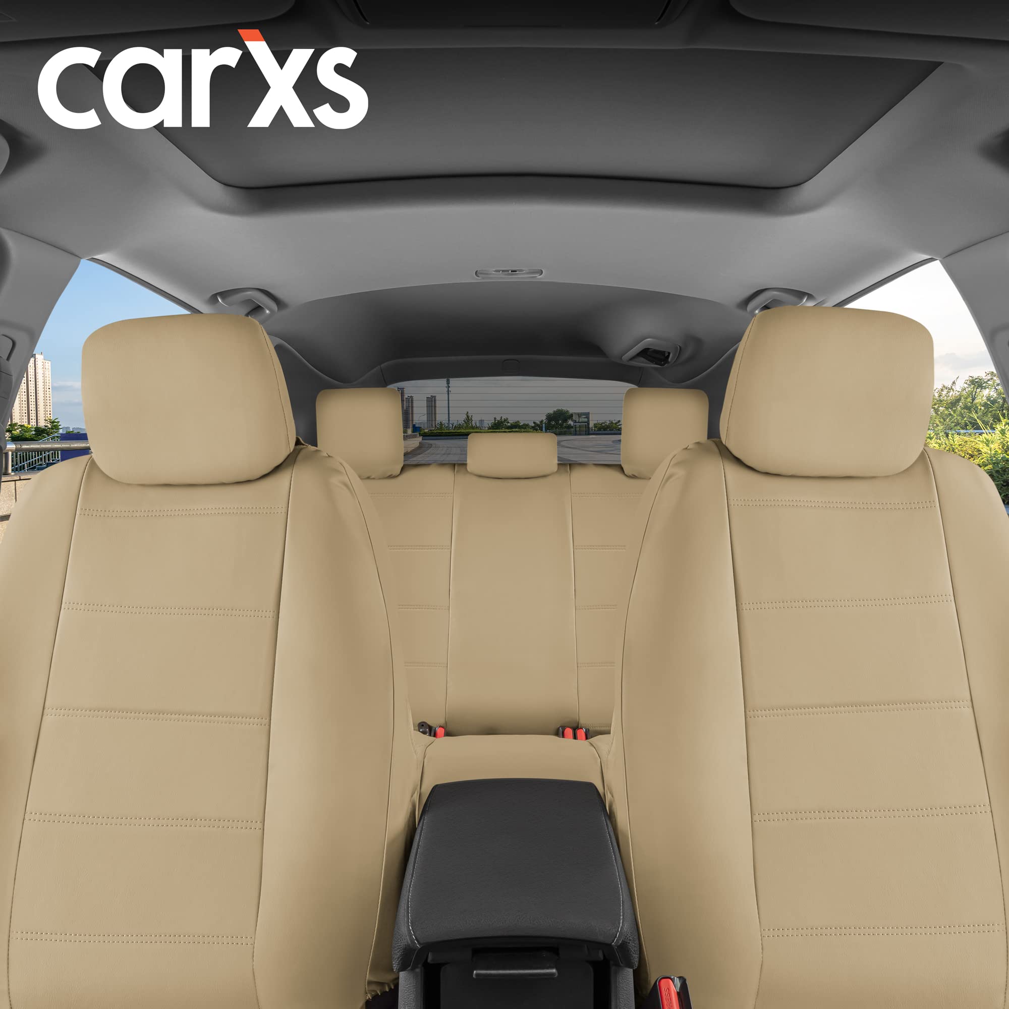 Bdk Carxs Beige Leather Car Seat Covers Universal Full Set, 9-Piece Faux Leather Seat Covers For Cars, Includes Front Seat Cover