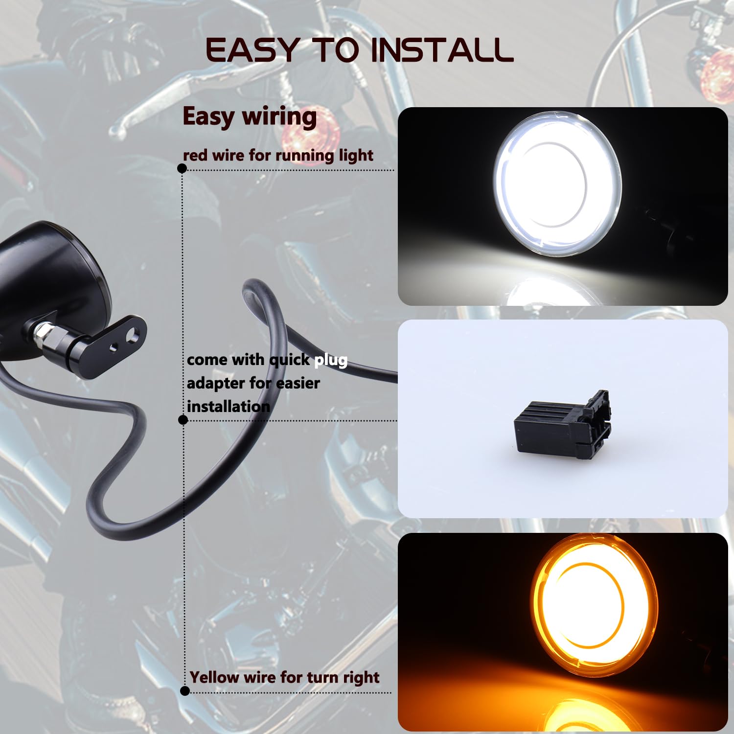 MotoParAcc Switchback Front Bullet LED Turn Signals with Relocation Kit, Motorcycle Running Lights Compatible with Harley Sports