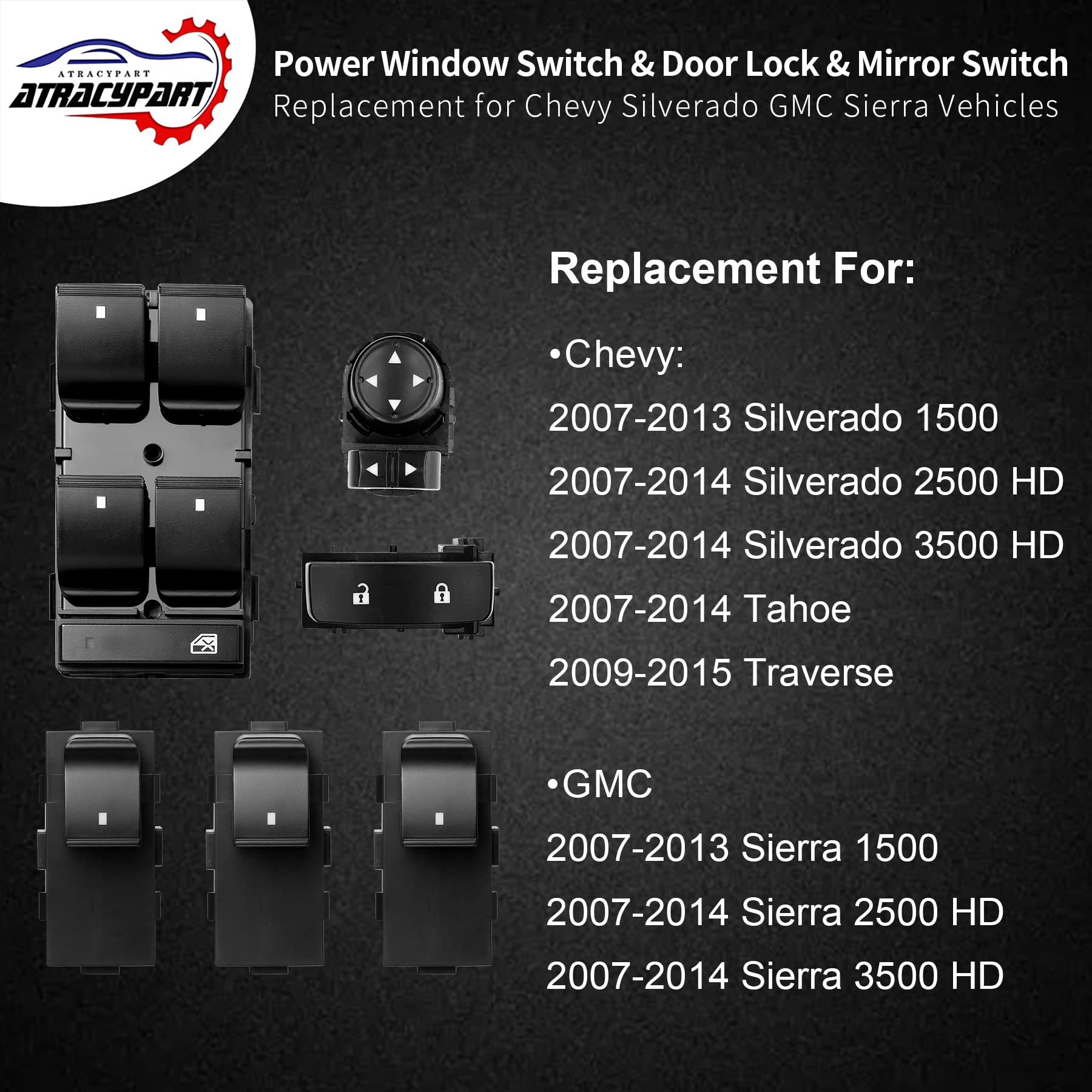 Power Window Switch Driver Side & Passenger Window Switch & Door Lock & Mirror Switch | Compatible With 2007-2015 Chevy Silverado Gmc Sierra | Replaces# 25789692, 22883768, 15804093, 22895545