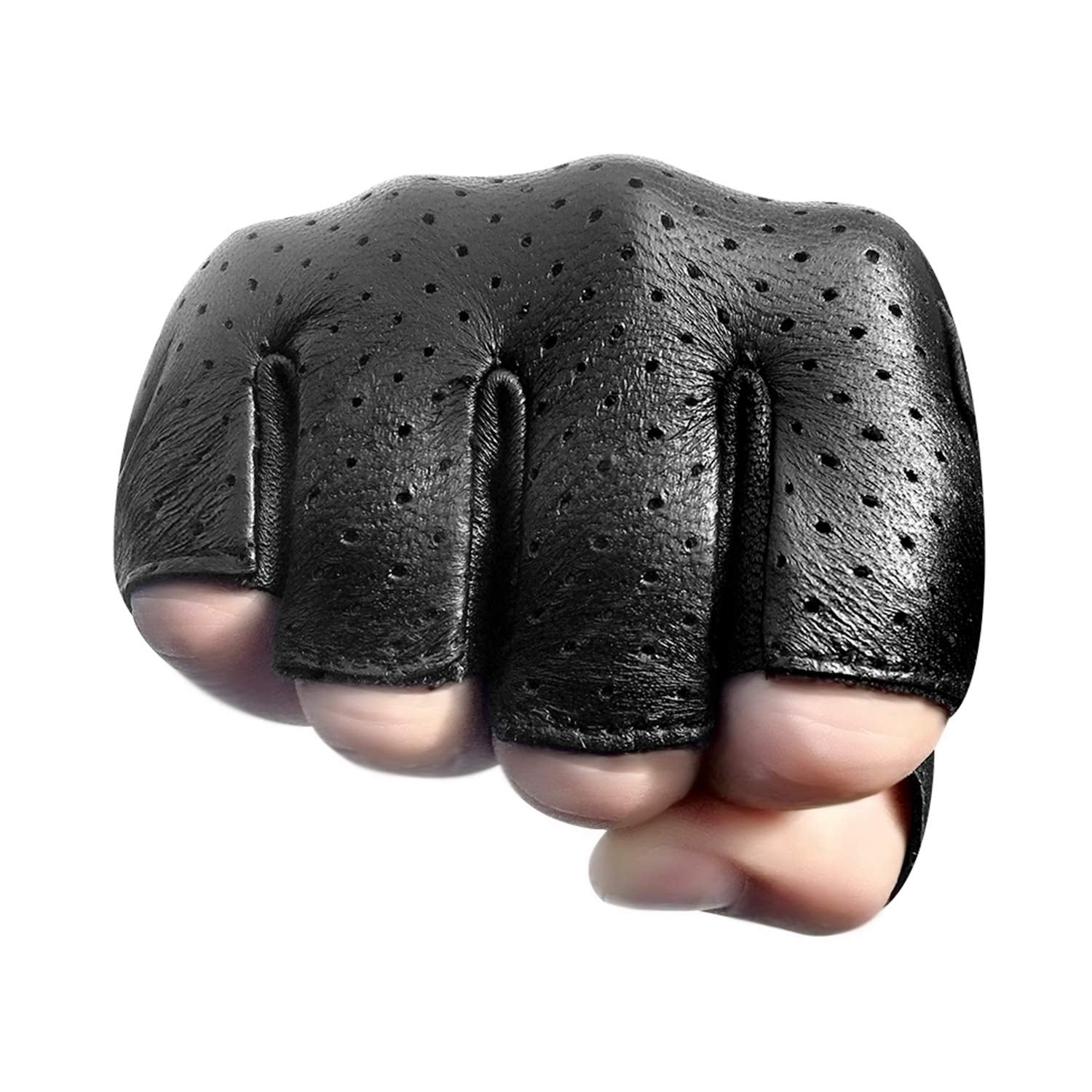 Kaiwende Half Finger Men'S Motorcycle Gloves Gel Padded Fingerless Leather Motorbike Gloves (Black, Large)