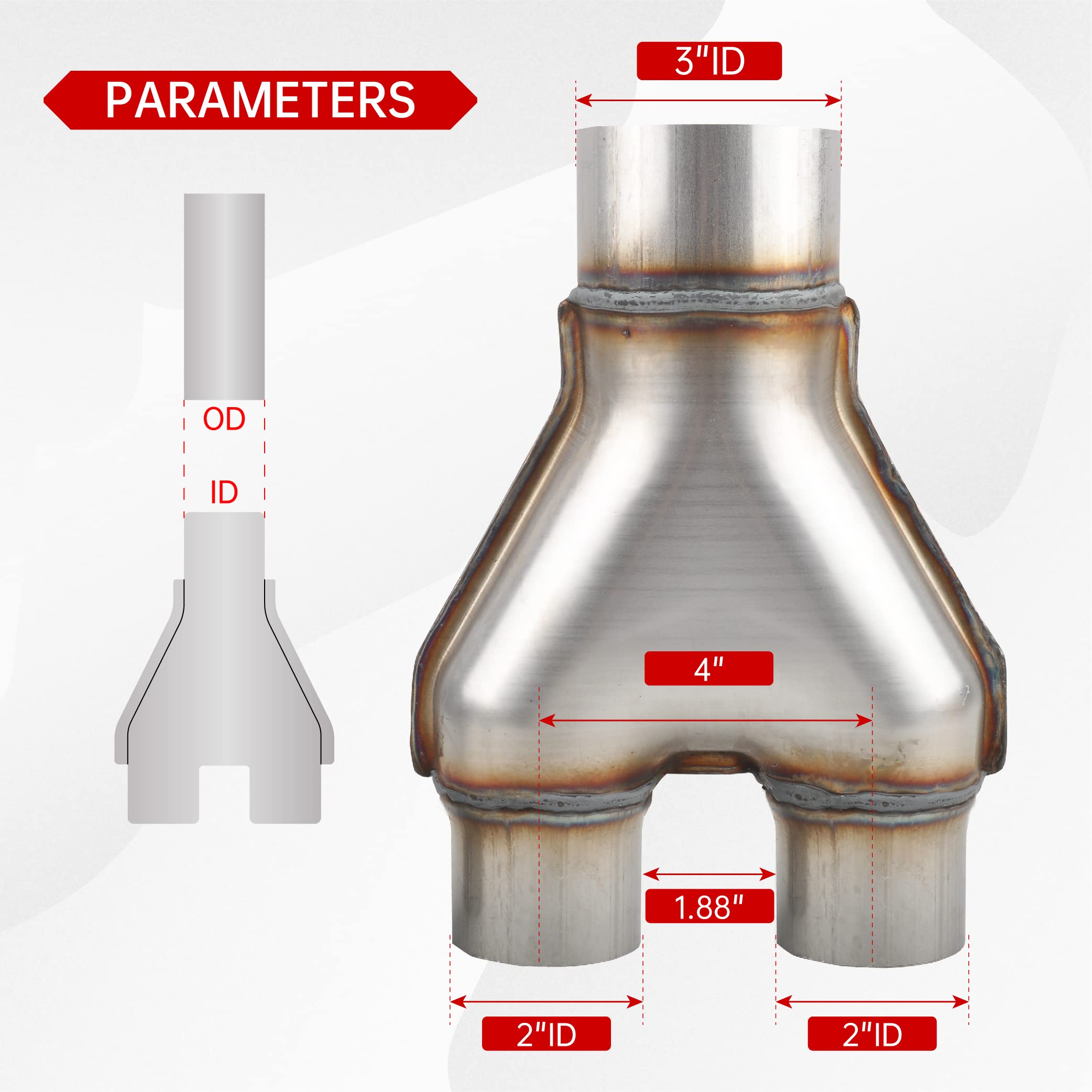 Fgjqefg T409 Stainless Steel Y Pipe 3'' Inch Id Single To 2'' Inch Id Dual Stamped Exhaust Adapter Connector, Overall Length: Approx. 10, Universal