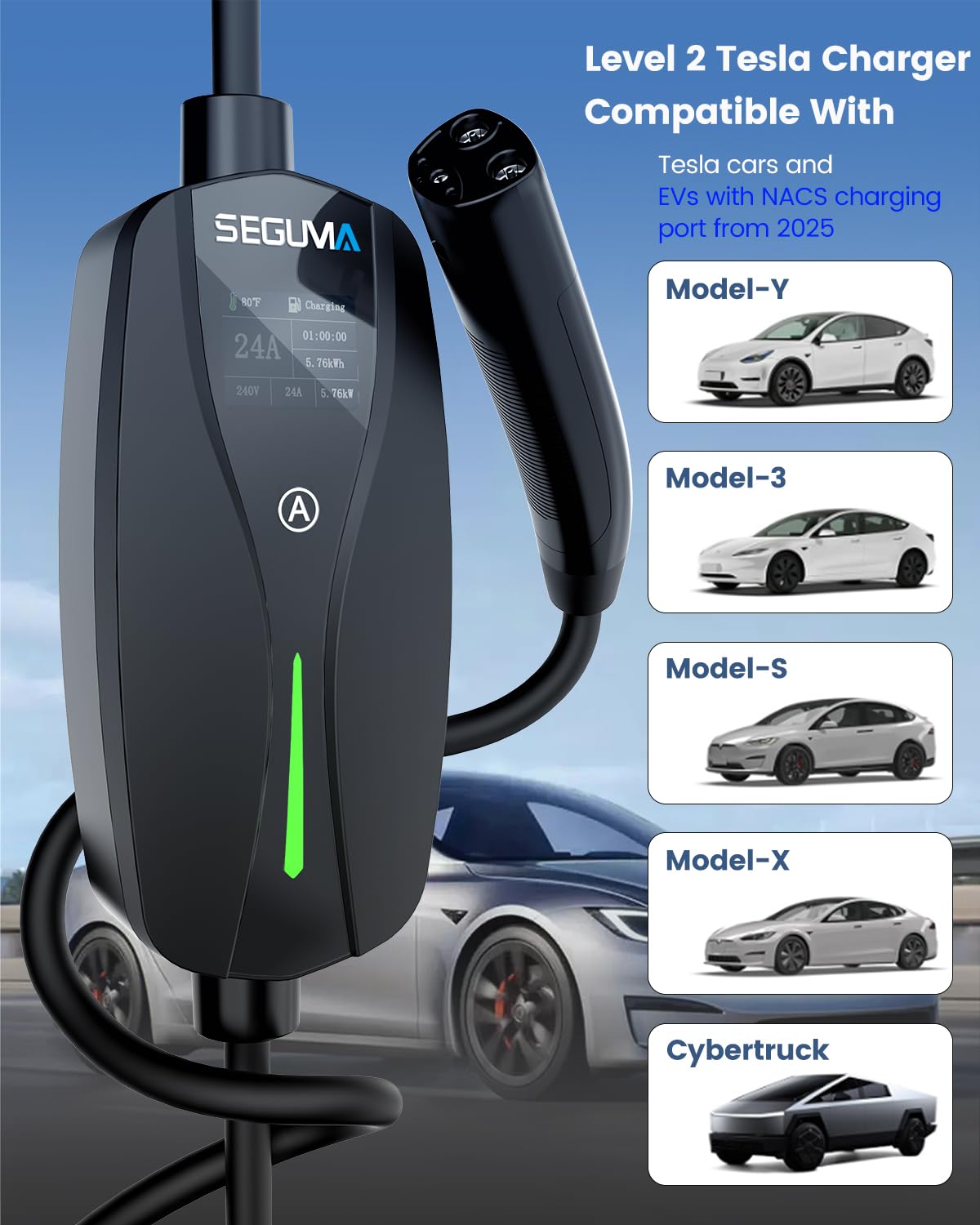 SEGUMA NEMA 10-30 Level 2 Tesla Charger-24A 240V, 25FT Extension Cable, Adjustable Current(10-24A)-Portable Home Mobile EV Charg