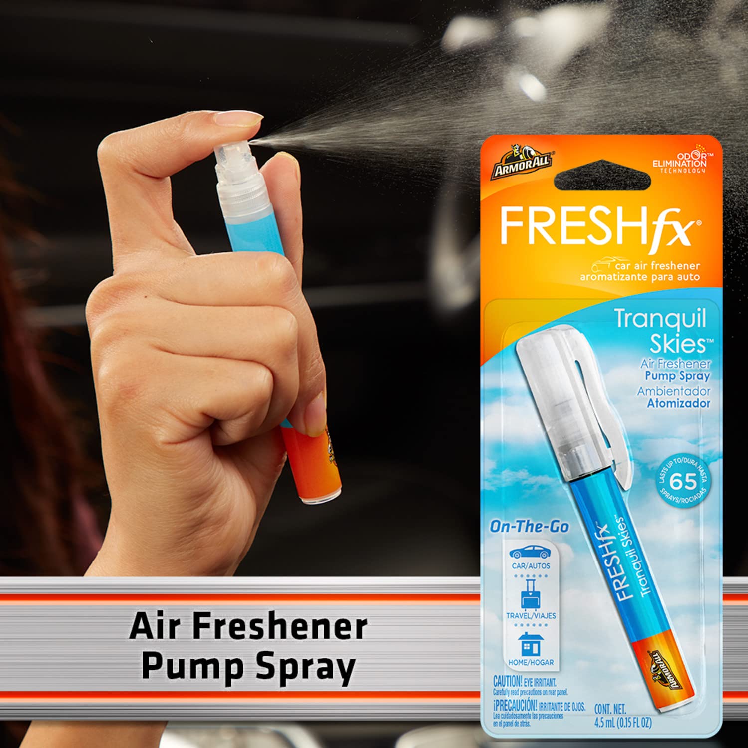 Armor All Fresh FX Car Air Freshener Spray Pump, On-The-Go Car Odor Eliminator Spray, Tranquil Skies Scent, 0.15 Oz