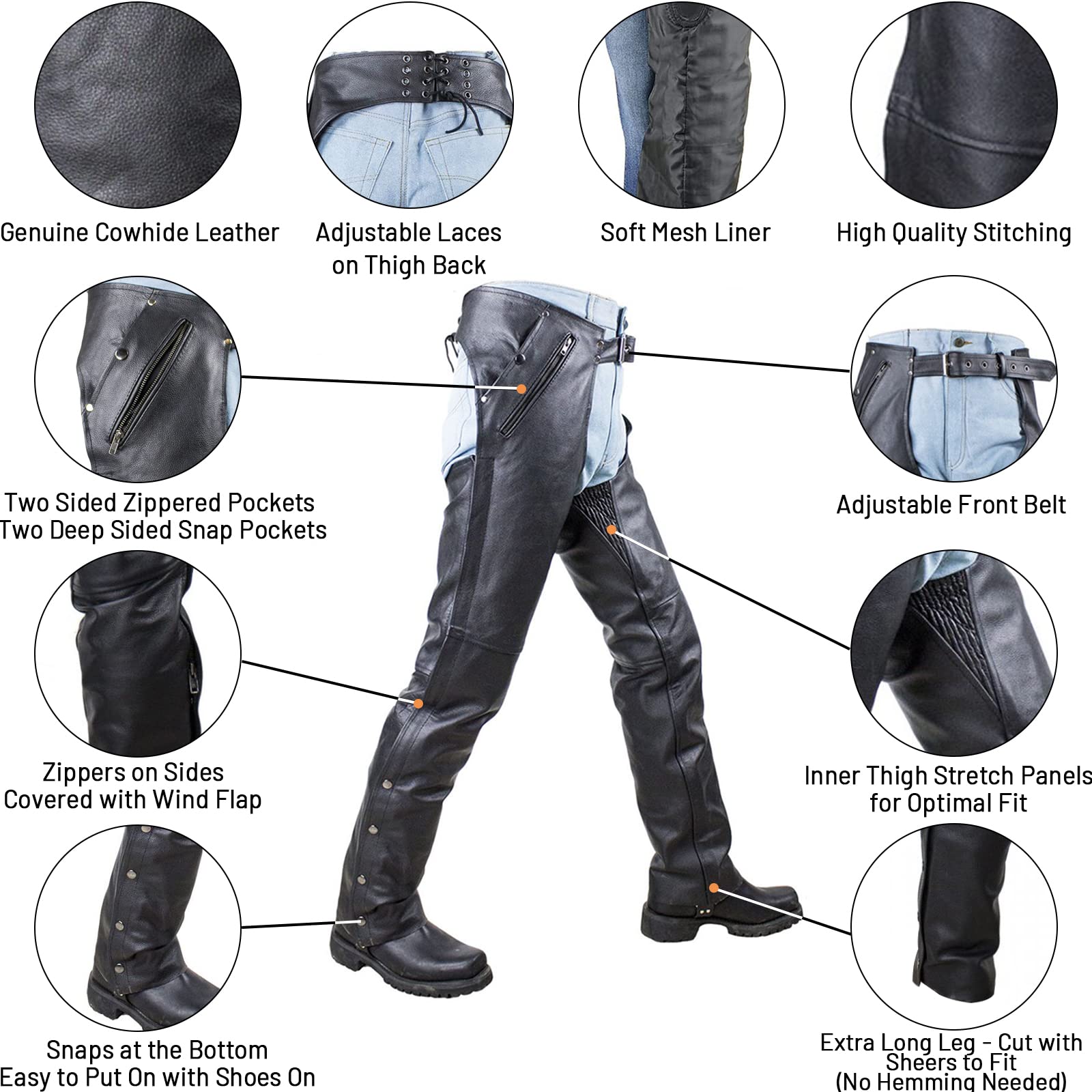 Dream Apparel Black Leather Motorcycle Riding Chaps for Men and Women W/Liner and Four Deep Pockets, Cowboy Biker Chaps Pants (S