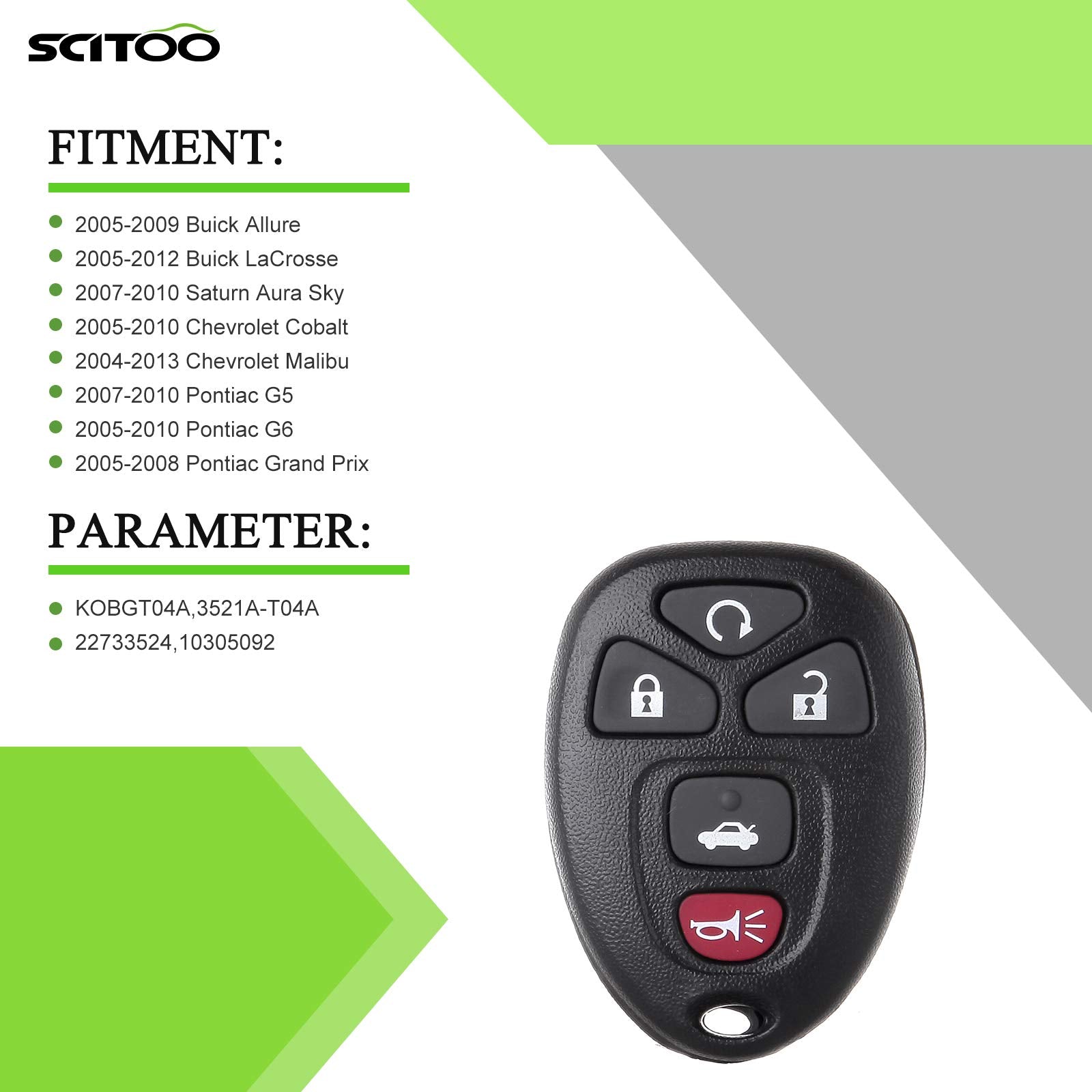 Scitoo 2 X Remotes Key Fob For Chevy Cobalt Malibu For Pontiac G5 Grand Prix For Pontiac G6 For Saturn Aura For Buick Allure Lac