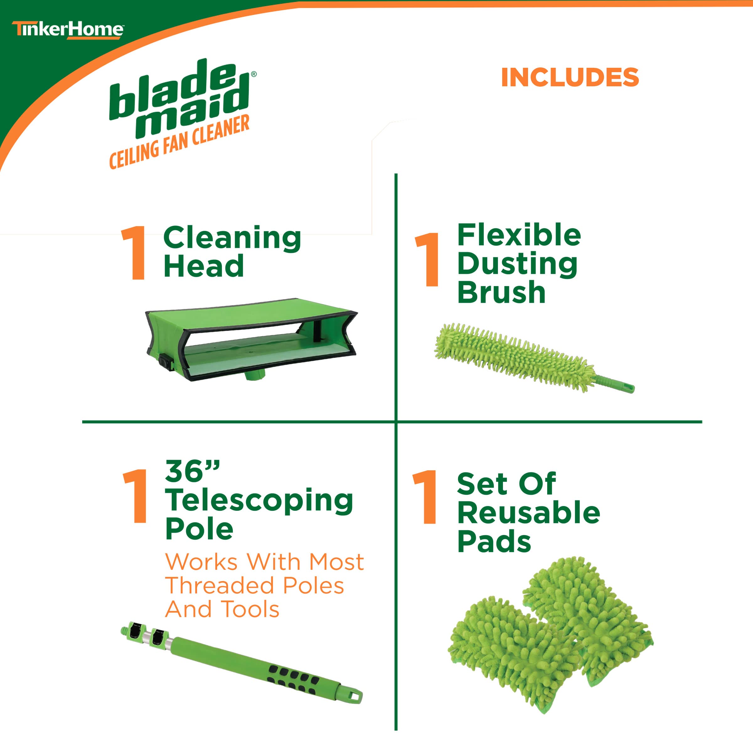 Blade Maid 3ft Ceiling Fan Blade Cleaner & Dusting Brush, Extendable Pole, Reusable Microfiber Pads, Wall Duster for High Ceilings