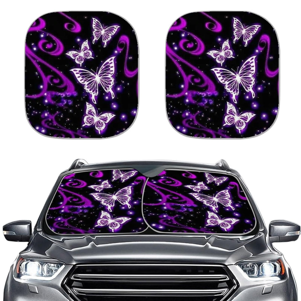 Huisefor 2 Pieces Butterfly Design Windshield Sun Shade For Car Universal Sun Visor Protector Fit Most Sedans Suv Truck Purple