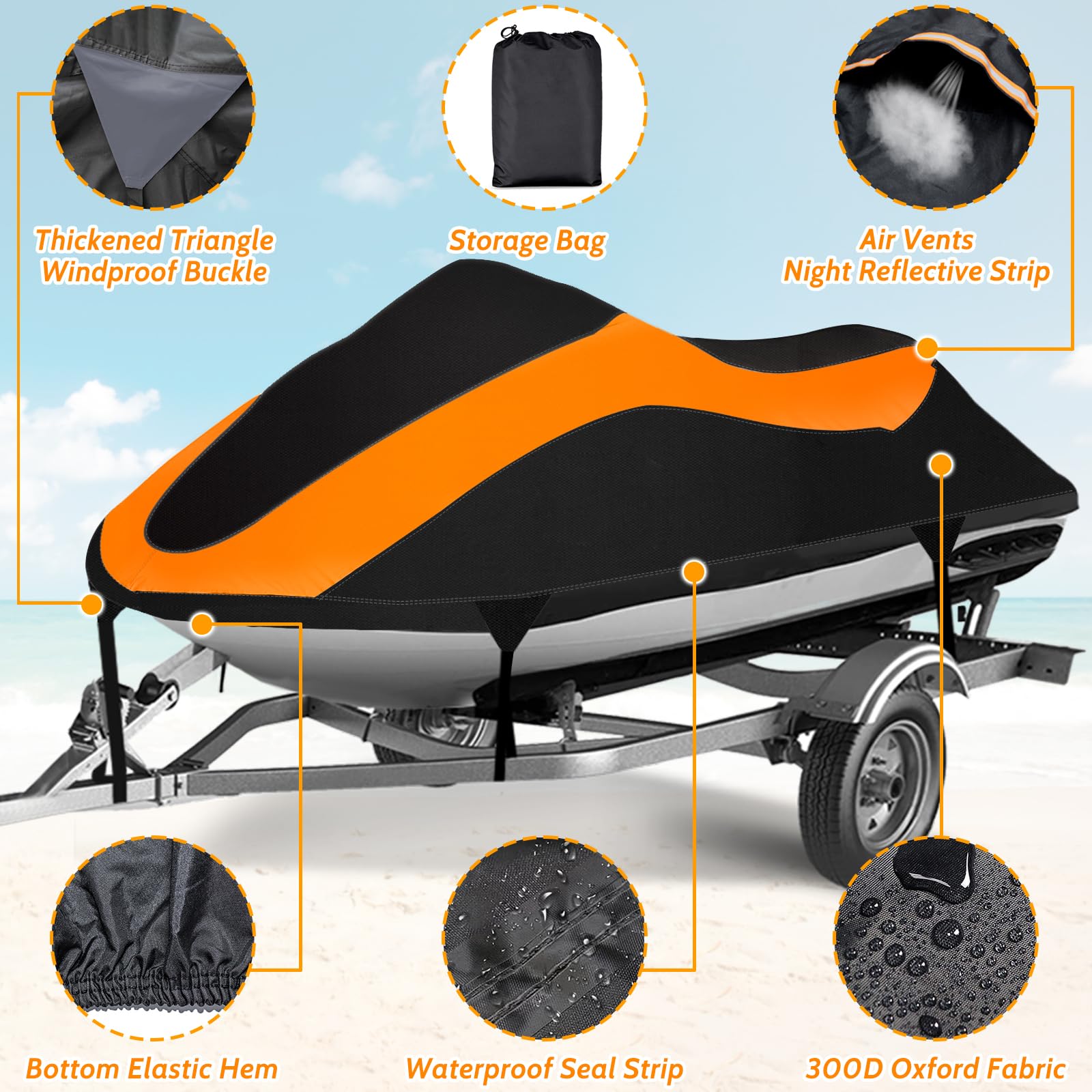 AUTOLION Trailerable Jet Ski Cover,Waterproof Tear Resistant Personal Watercraft Cover with 3 Thickened Buckles & Air Vent,Fits