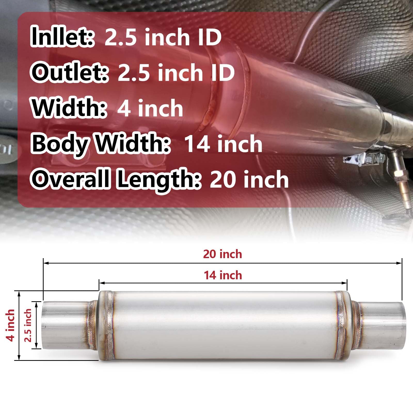 A-Karck 2.5'' Inlet Exhaust Resonator, 2.5'' Inlet 2.5'' Outlet 20'' Overall Length Muffler Resonator Stainless Steel