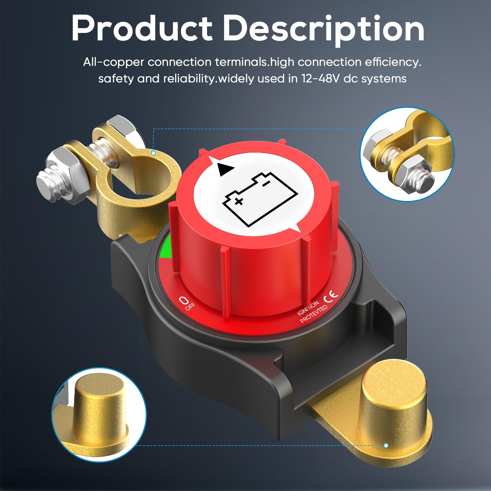 Top Post Battery Disconnect Switch 12v,Battery Kill Switch Negative On/Off 12-48V Top Post Battery Switch Heavy-Duty Battery Dis