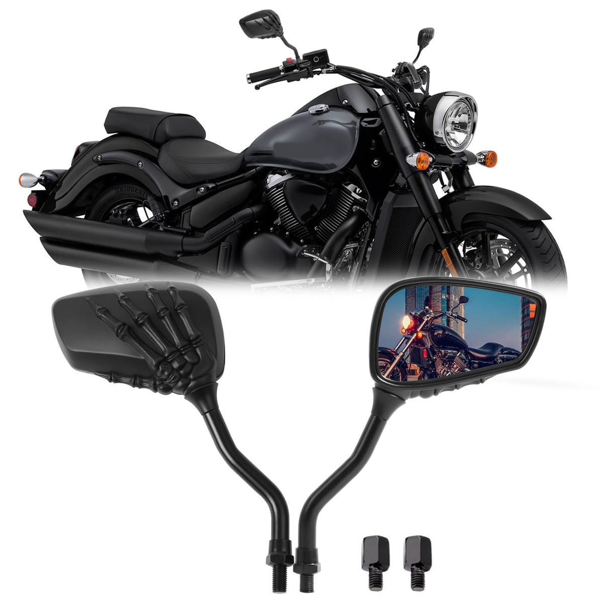 Black 8Mm/10Mm Motorcycle Skull Skeleton Rearview Side Mirrors For Scooter Chopper Bobber