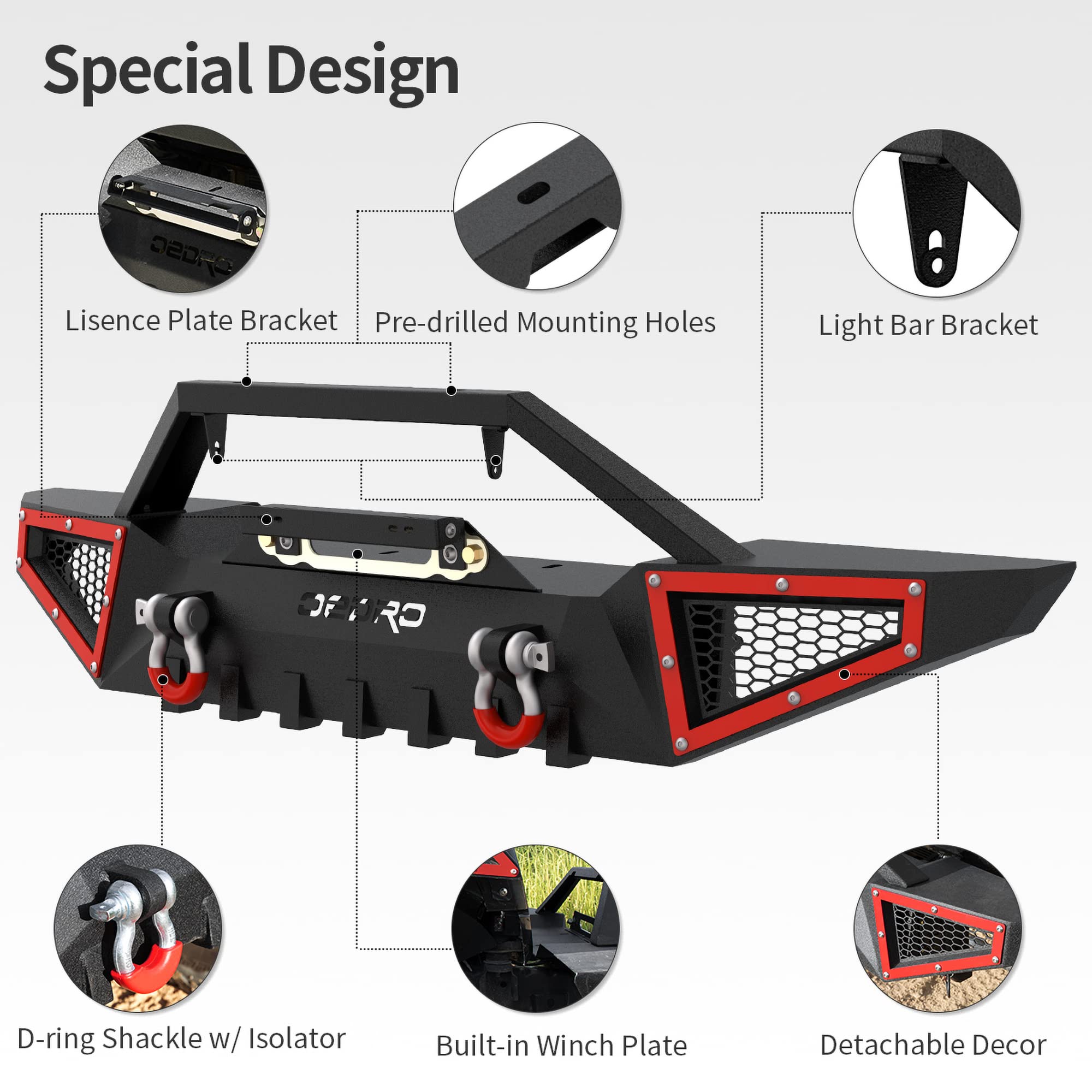 Oedro Front Bumper Compatible With 2007-2025 Jeep Wrangler Jk/Jku Jl/Jlu Gladiator Jt, Rock Crawler Off Road Full Width Bumper With Winch Plate Mounting & 2 X D-Rings