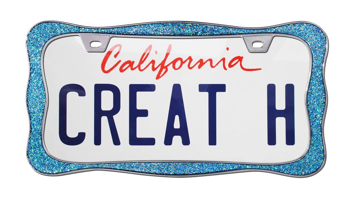 Creathome 3D Shining License Plate Frame, Chrome With Shining Blue Chunky Gliter, Pure Zinc Alloy Metal