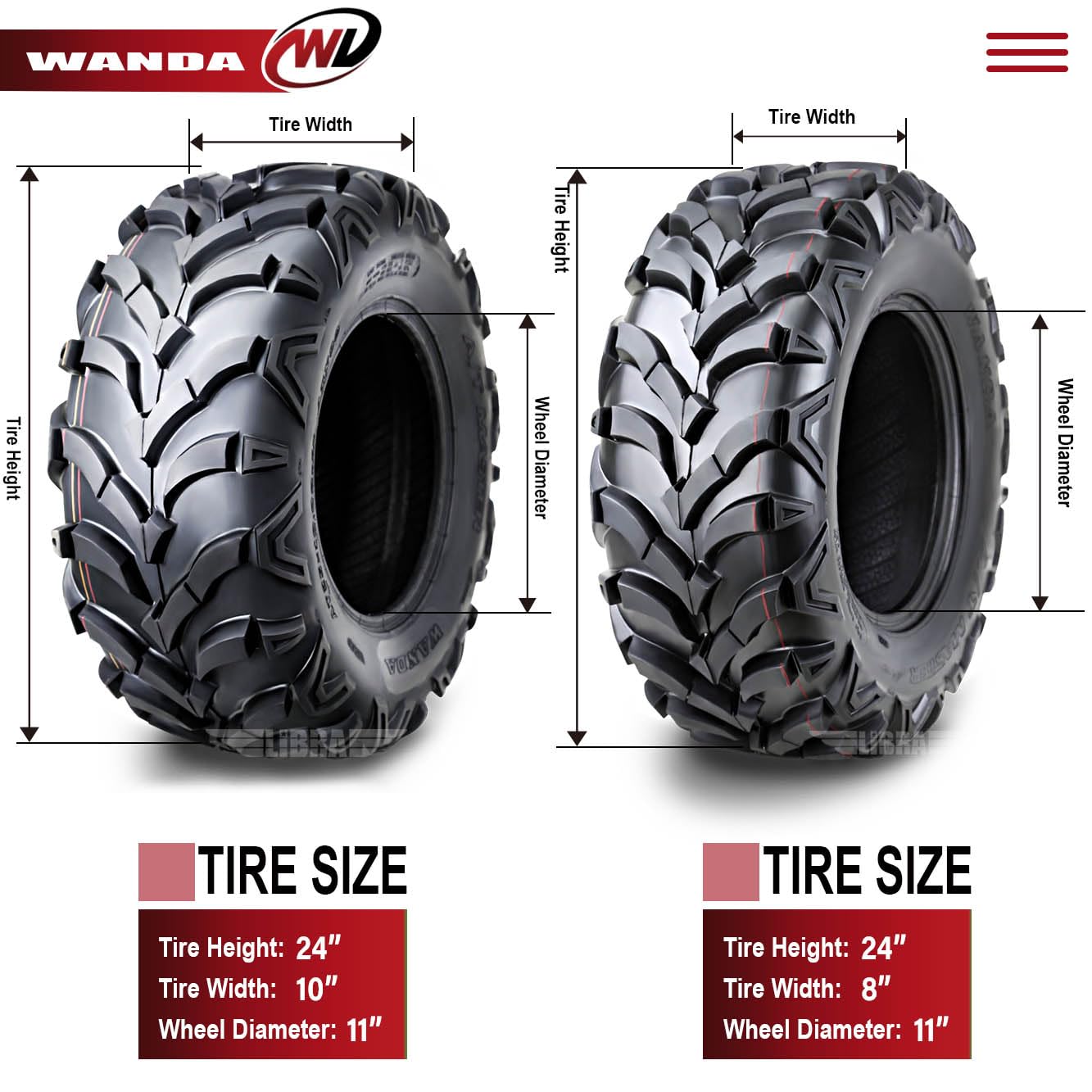 Wanda (Set 4) 24X8-11 24X8X11 & 24X10-11 24X10X11 Atv Tire Set 6-Ply Solid Mud-20Mm Deep Tread