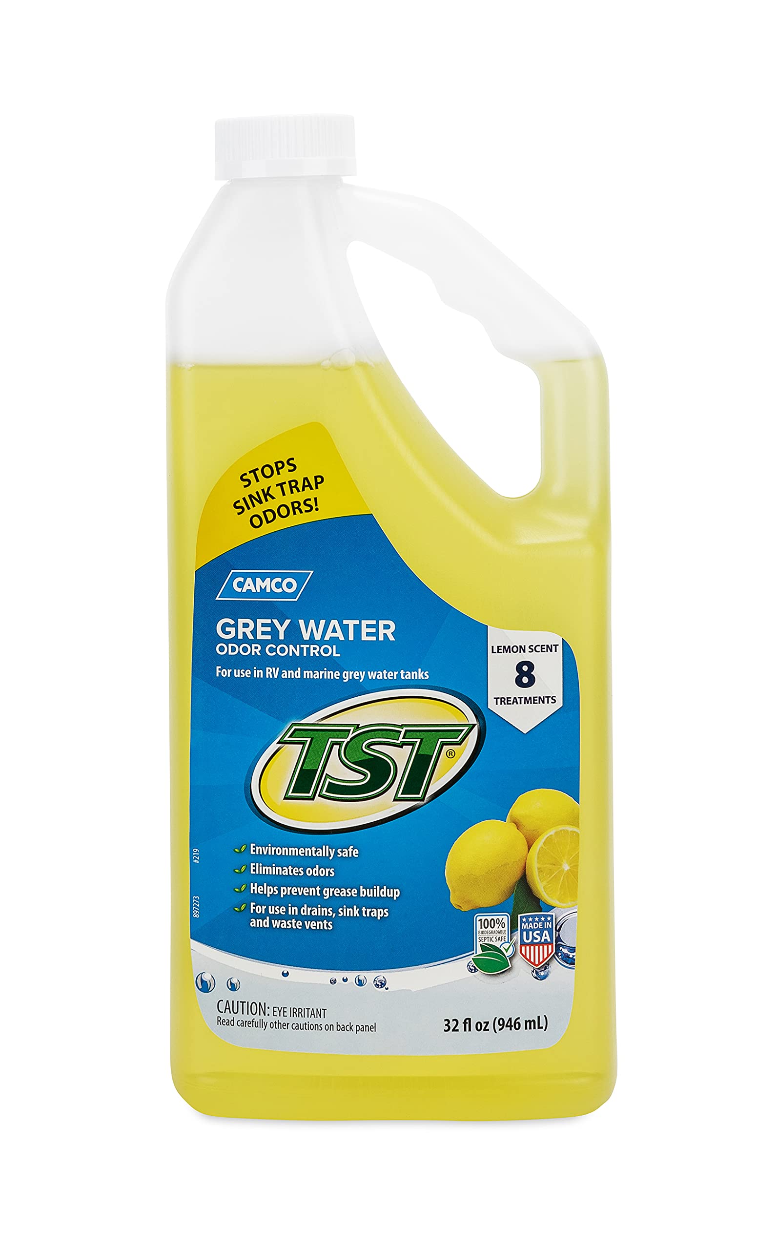 Camco Tst Lemon Scent Rv Grey Water Odor Control, Stops Sink Trap Odors, For Use In Drains, Sink Traps And Waste Vents, Treats U