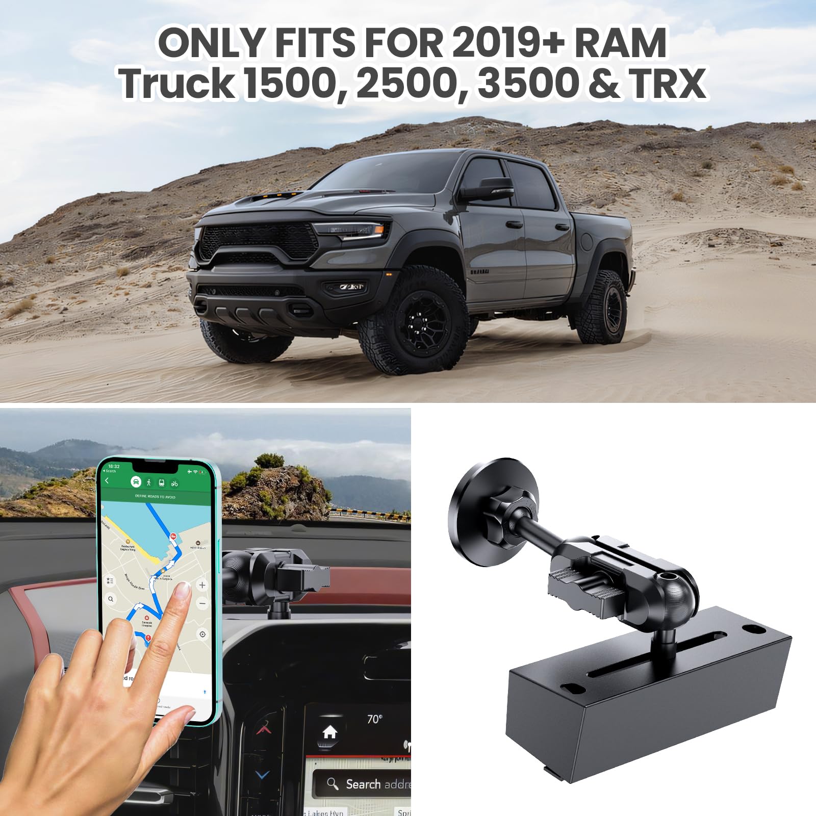 SwiftGaze Metal Magnetic Phone Mount for 2019+ RAM 1500/2500/3500 & 2019+ RAM TXR, OEM Holes Screws Install Super Stable for Off