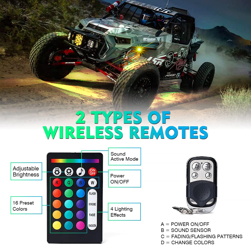 Xprite Rgb Bluetooth Rock Lights Kit, Multicolor Neon Lighting Cars Underglow Footwell Wheel Well Light Pods, W/Rf Remote Contro