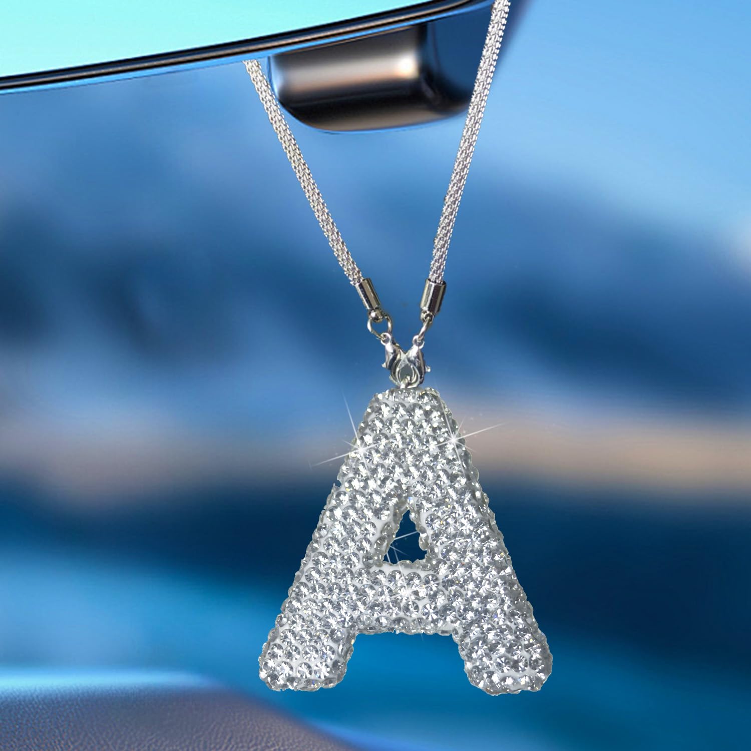Hitluste Bling Car Letter Charm, Rear View Mirror Ornament Cute Hanging Crystal Pendant Bling Car Accessories, Lucky Diamond Rhi
