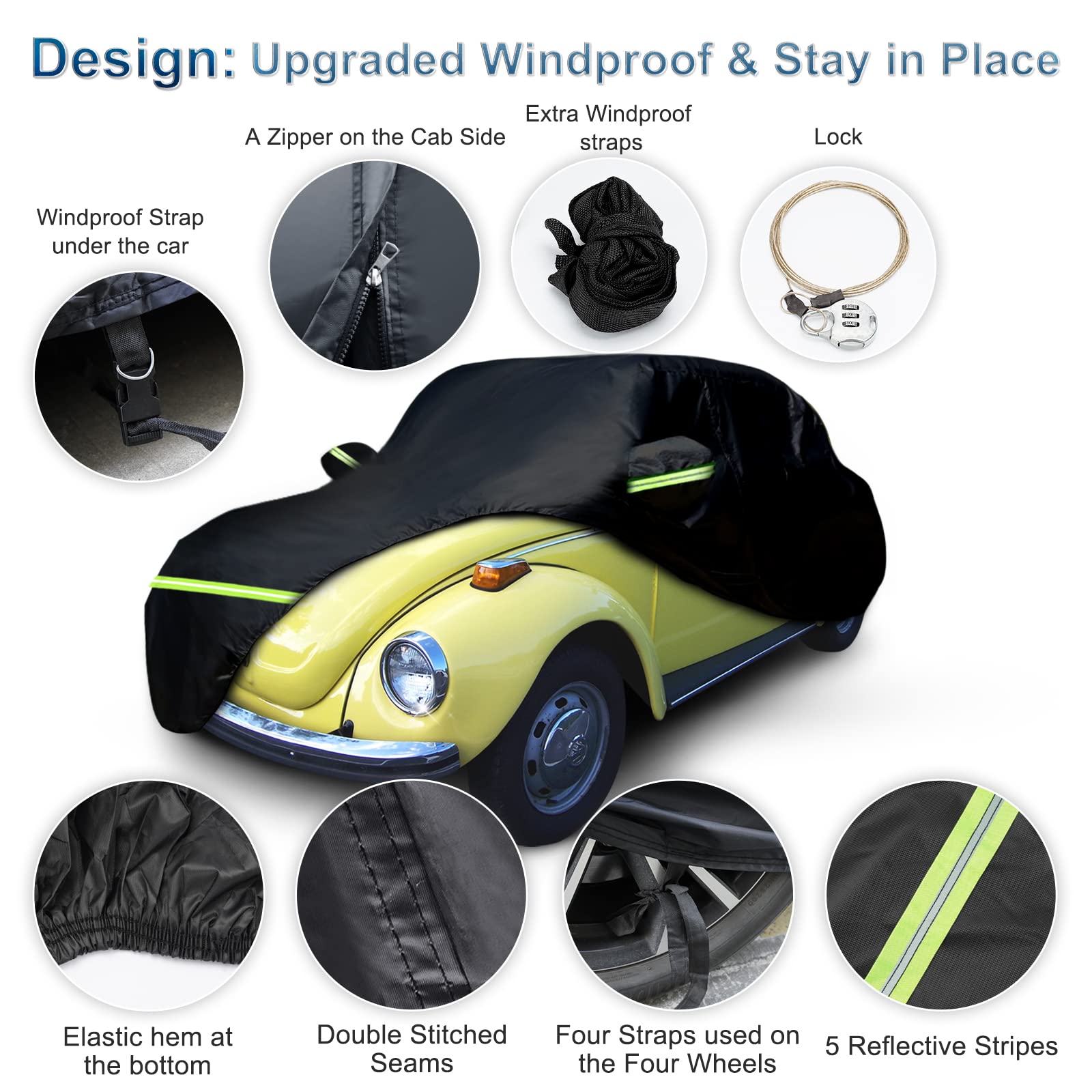 Custom Fit For Volkswagen Beetle Bug 2-Door 1960-1980 Sedan Car Cover Waterproof Heavy Duty All-Weather Protection With Door Zipper & Storage Bag