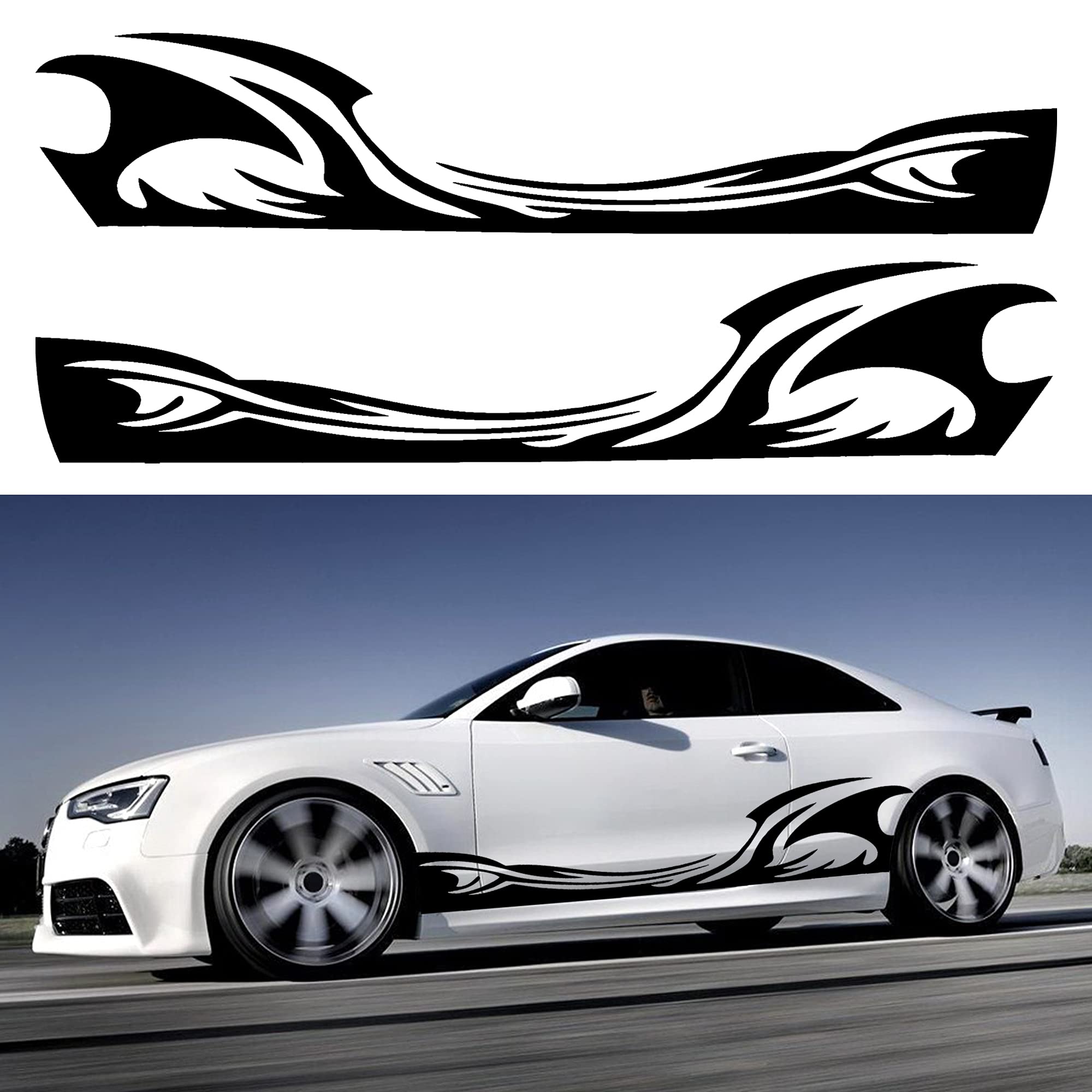 TOMALL 2Pcs 82'' Wave Flame Graphics Car Body Side Stickers Flame Racing Sports Stripe Decals for Car Universal Vinyl Waterproof