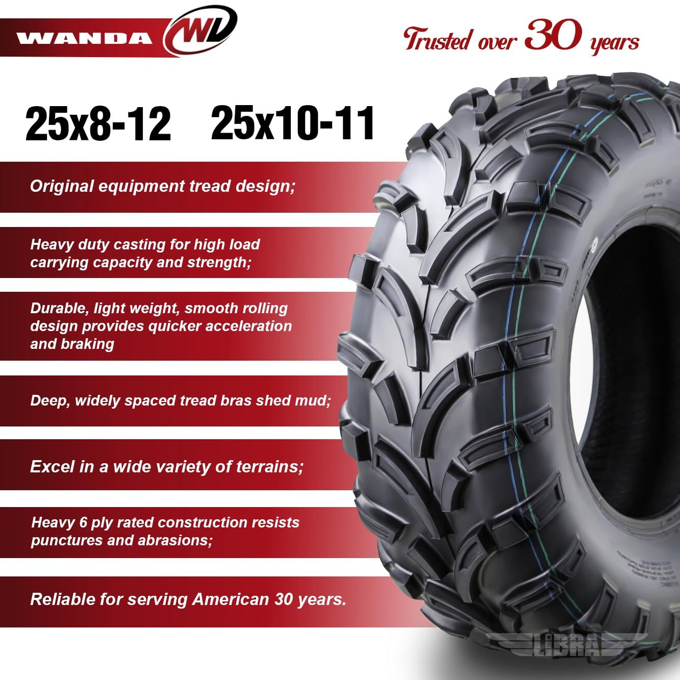 Wanda Utv Atv Tires 25X8-12 Front & 25X10-11 Rear /6Pr P373 Lit Mud