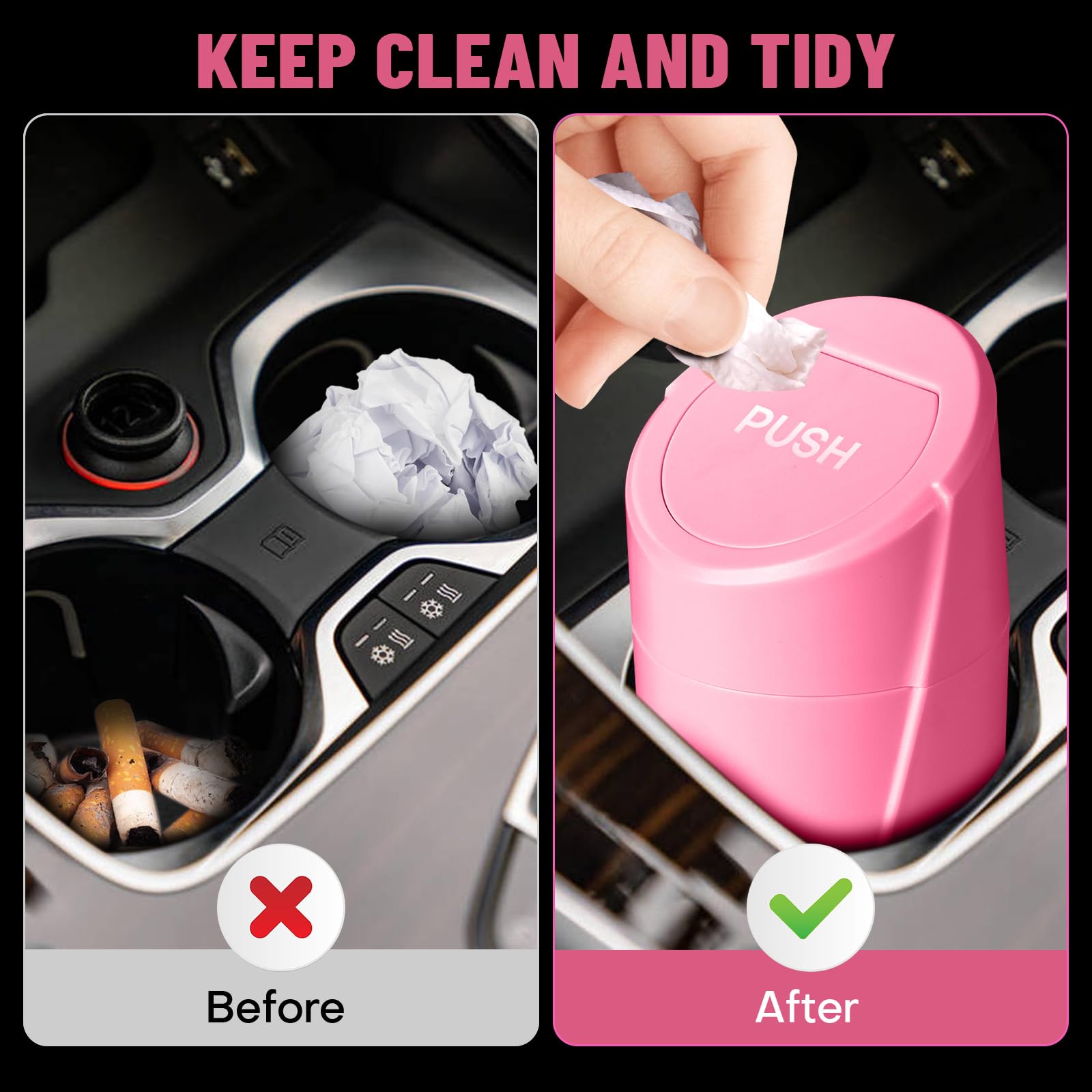Sglrt Car Trash Can Bin With Lid - Car Garbage Can Cup Holder - Rose Red Mini Leakproof Vehicle Trash Garbage Can Bin With 20Pcs