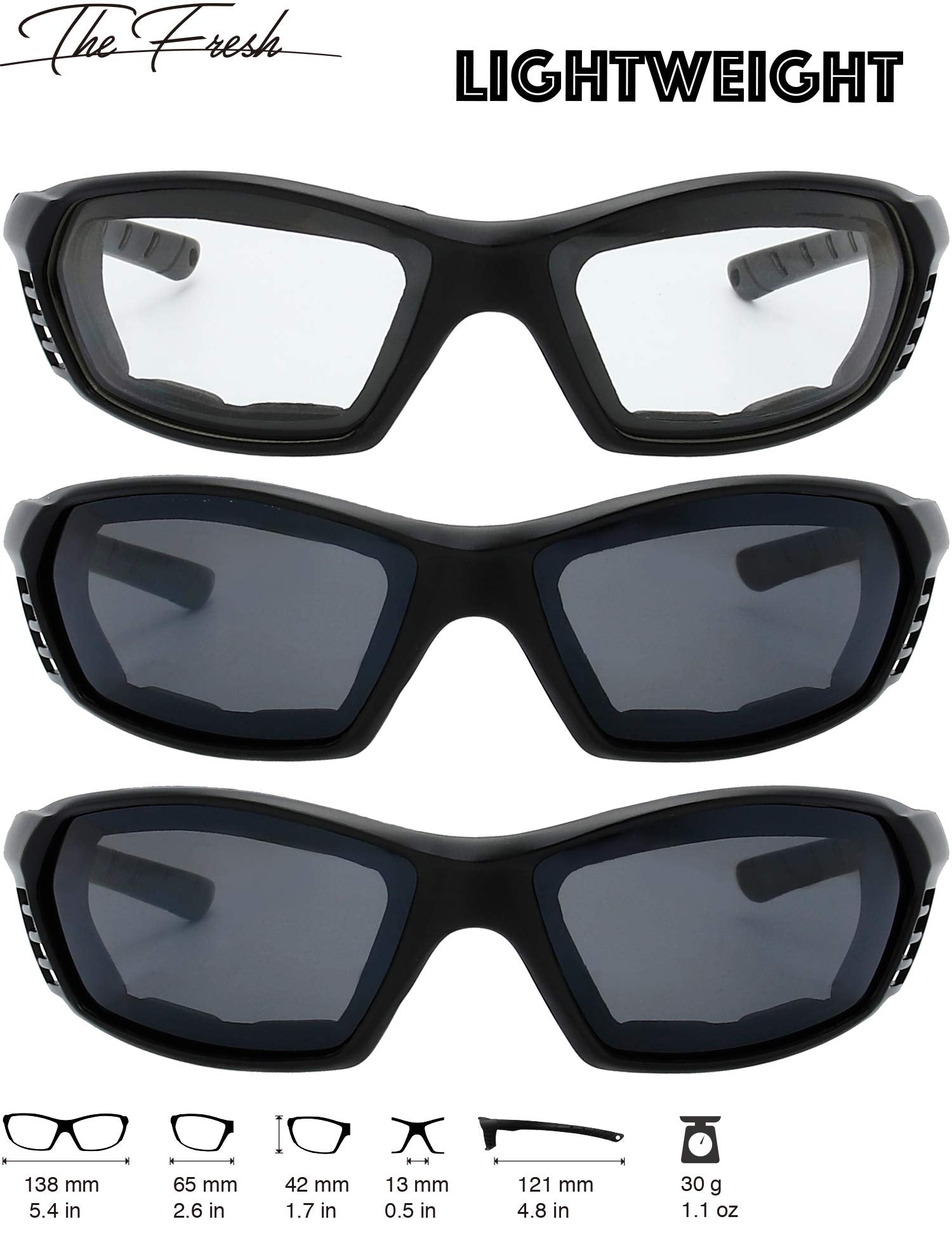 The Fresh Motorcycle Riding Glasses Padded Frame Lens Block 100% Uvb For Outdoor Activity Sport (23M-Matte Black, Clear*1, & Gre