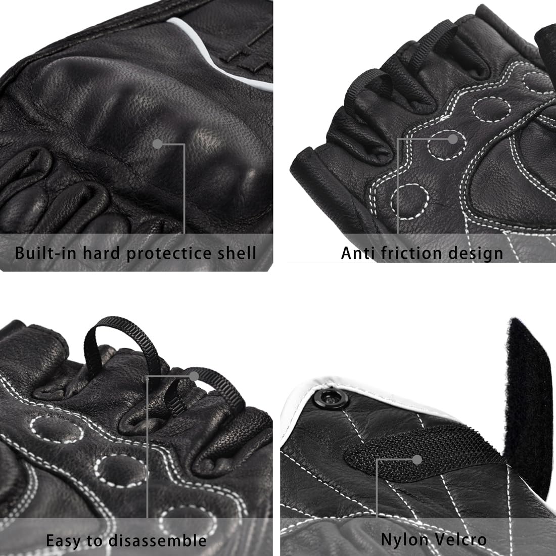 Harssidanzar Fingerless Motorcycle Gloves For Mens Leather Riding Driving Half Finger Gloves Gm037, Black/White, Size Small