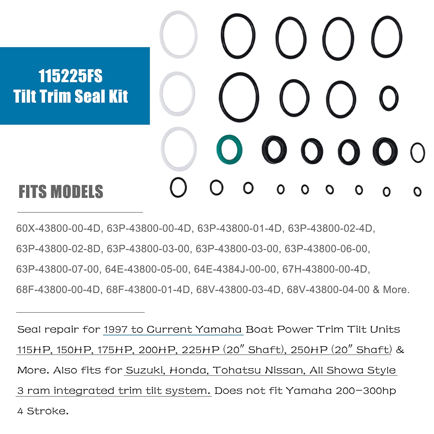 Tilt Trim Seal Kit 1997 & Up 115225Fs Fast Strike Power For Yamaha Boat Power Units 115Hp 150Hp 175Hp 200Hp (Some 225Hp 250Hp) For Showa & 63P-43800-00-4D 64E-43822 With More O-Ring