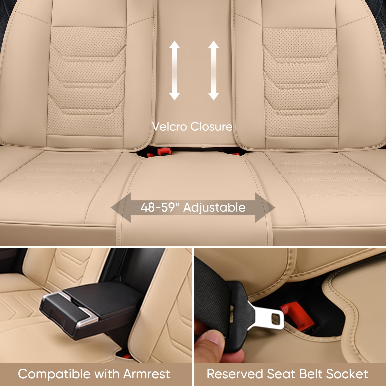 Tiehesyt Beige Car Seat Covers Full Set, Breathable Leather Automotive Front And Rear Seat Covers & Headrest, Automotive Seat Co