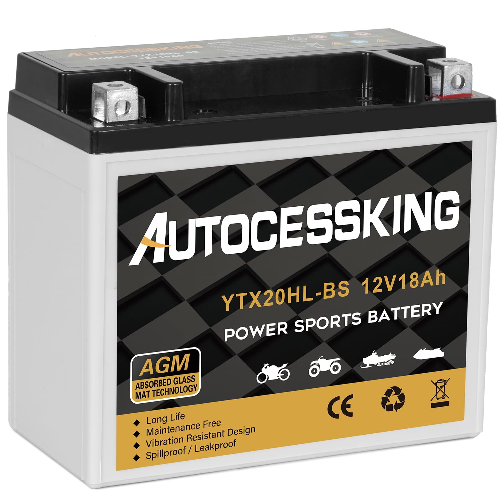 Autocessking Ytx20Hl-Bs Motorcycle Battery, 12V 18Ah Rechargeable Maintenance Free Sealed Agm Battery Powersport Replacement Bat