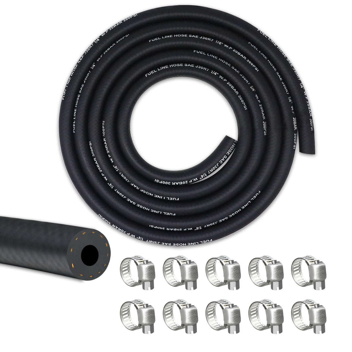 Vwtni 1/4 Fuel Line, Fuel Line Hose 10 Feet, Nbr Rubber Gasoline Tube With 10 Pcs Stainless Steel Fuel Line Clamps, Fuel Line Ki