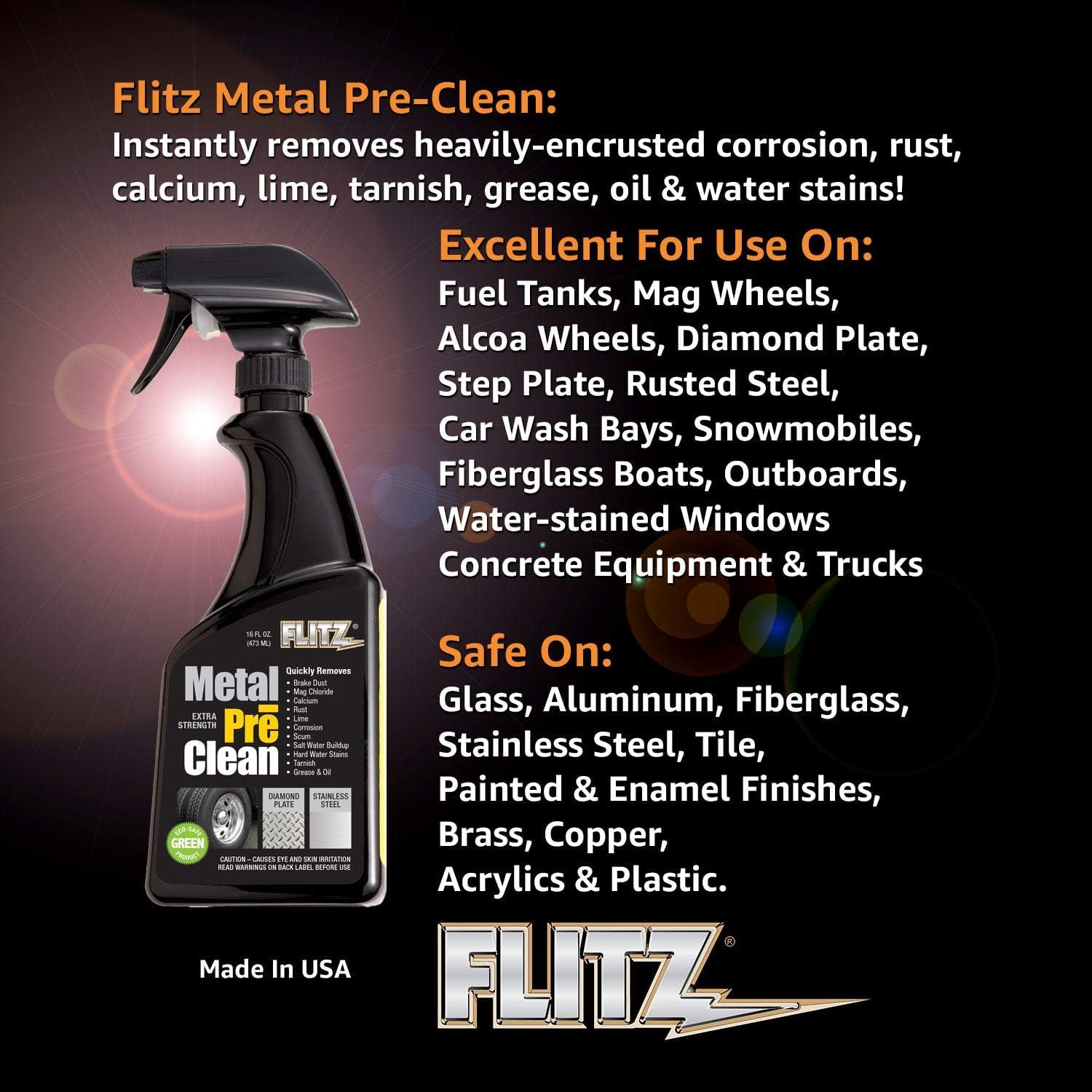 Flitz Metal Pre-Clean - 16Oz Of Usa-Made Stainless Steel Cleaner Spray - Works On Aluminum, Brass, Copper, & More - Tarnish, Rus
