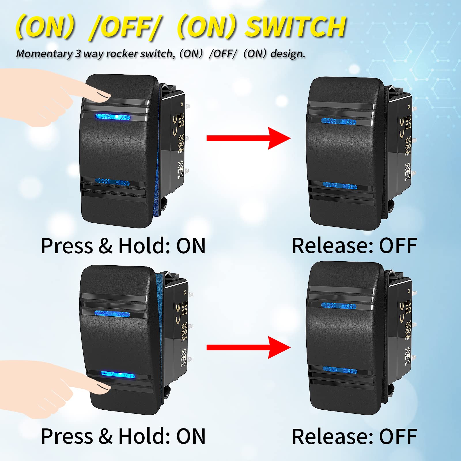 Joinfworld Momentary Rocker Switch Waterproof (On)-Off-(On) 3 Position Rocker Switch 12V 20A Dpdt 7 Pin Blue Led Boat Switch Toggle For Automotive Car Utv Atv With Jumper Wire