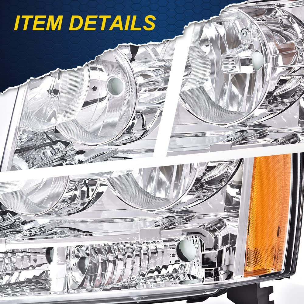 Cheda Headlights Assembly, Compatible With 2007-2014 Chevy Tahoe Suburban 1500, Clear Lens Chrome Housing Amber Reflector Headla