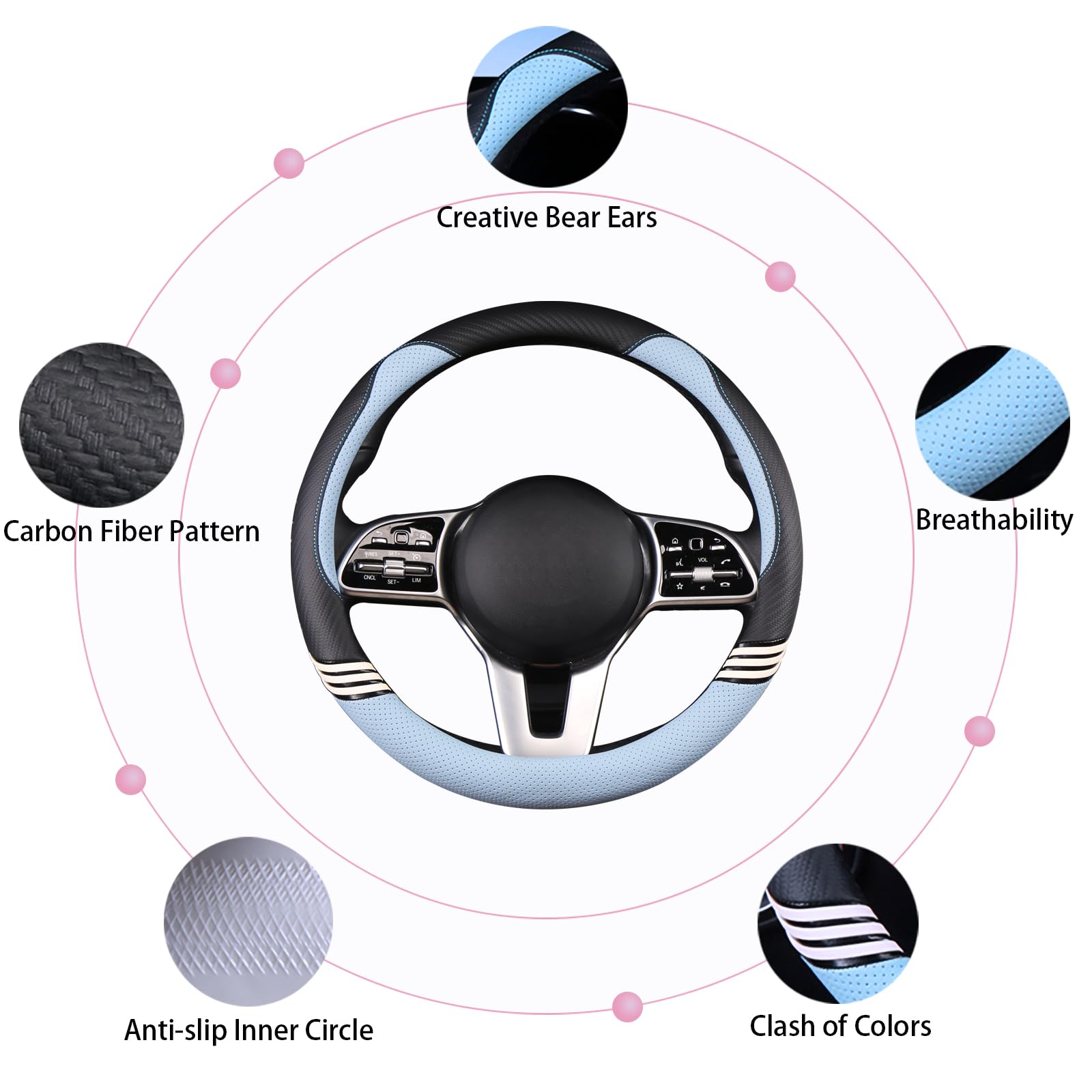 Binsheo Cute Steering Wheel Cover For Women Men Leather Universal 15 Inch,Black And Blue